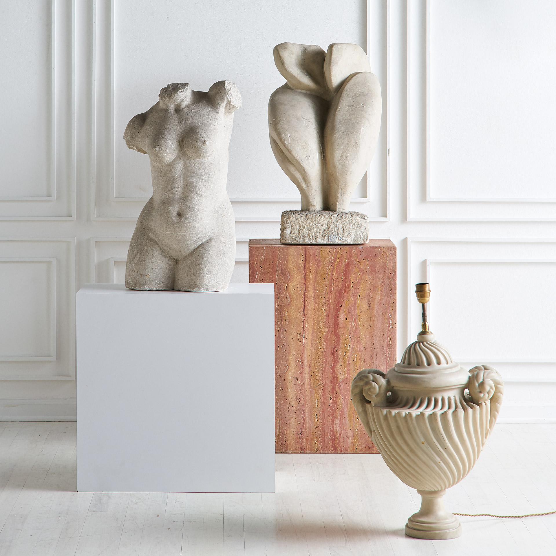A 20th century abstract figural sculpture in stone. Beautiful, graceful shapes and a large scale create a poignant piece. Artist Unknown. Sourced in Europe; circa 1960s.