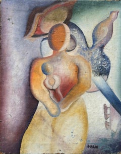 Abstract Figurative Cubist Painting, Mid-Century Style, Signed “Galin”