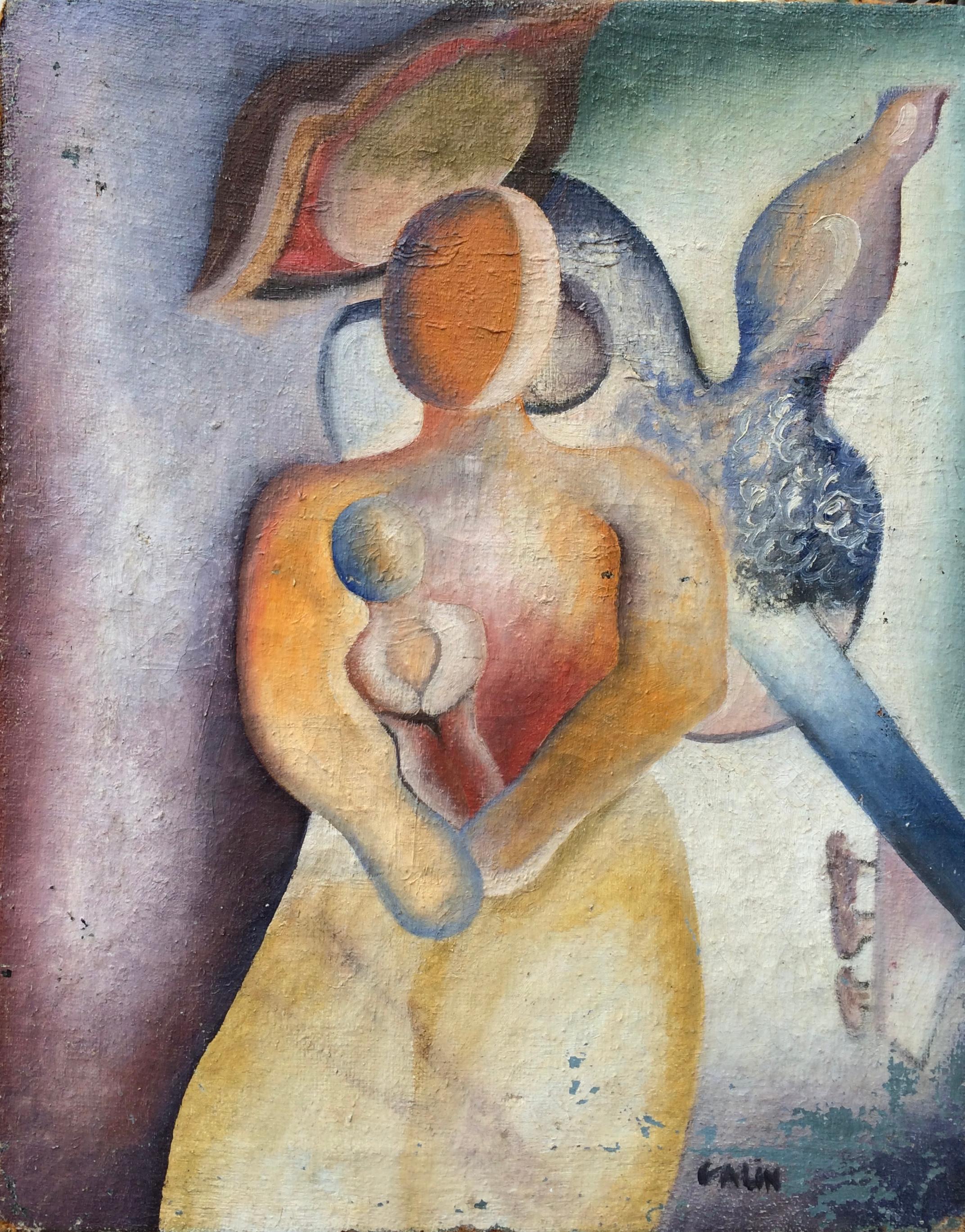 Inconnu Peinture cubiste abstraite figurative, style du milieu du siècle, signée 