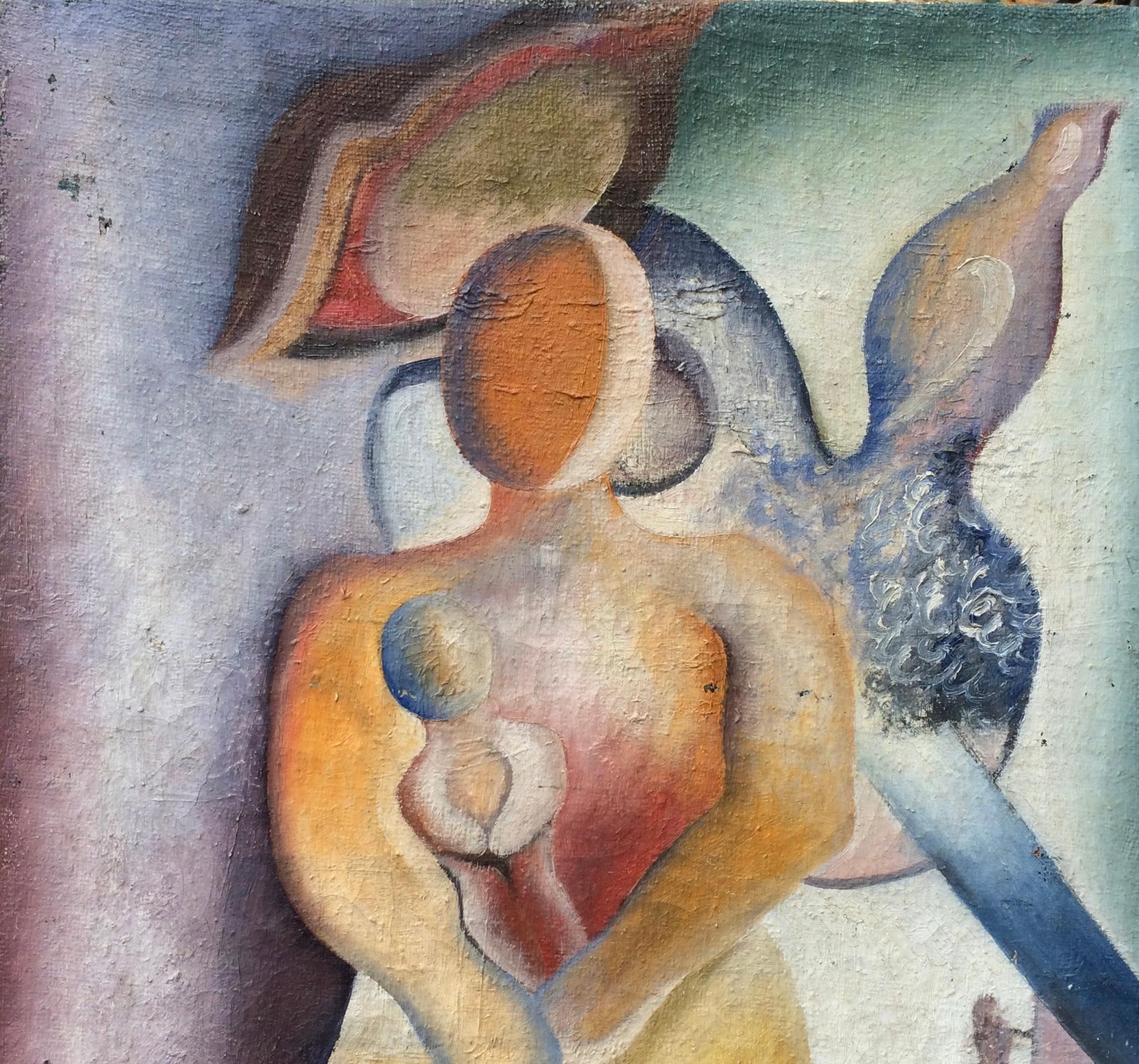 Fait main Peinture cubiste abstraite figurative, style du milieu du siècle, signée 