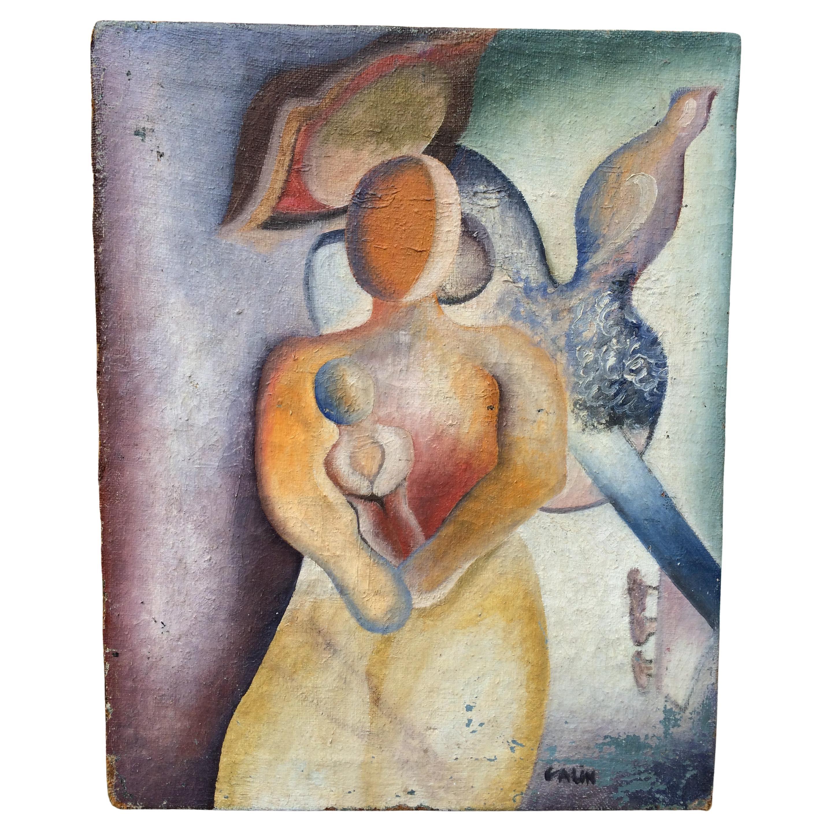 Peinture cubiste abstraite figurative, style du milieu du siècle, signée "Galin"