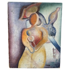 Abstract Figurative Cubist Painting, Mid-Century Style, Signed “Galin”