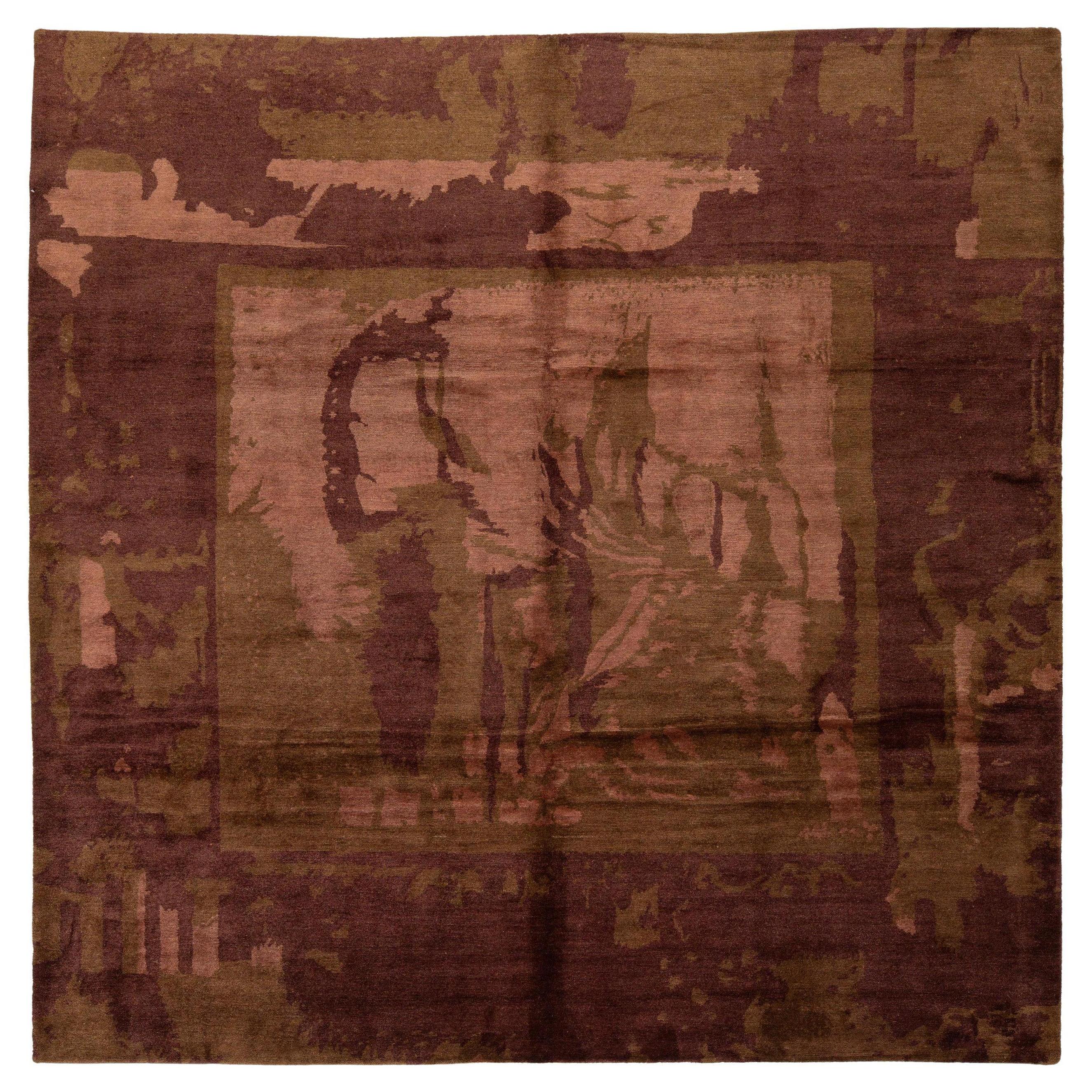 Abstract Figurative Modern Tibetan Rug in Wool and Silk, Earth Tones For Sale