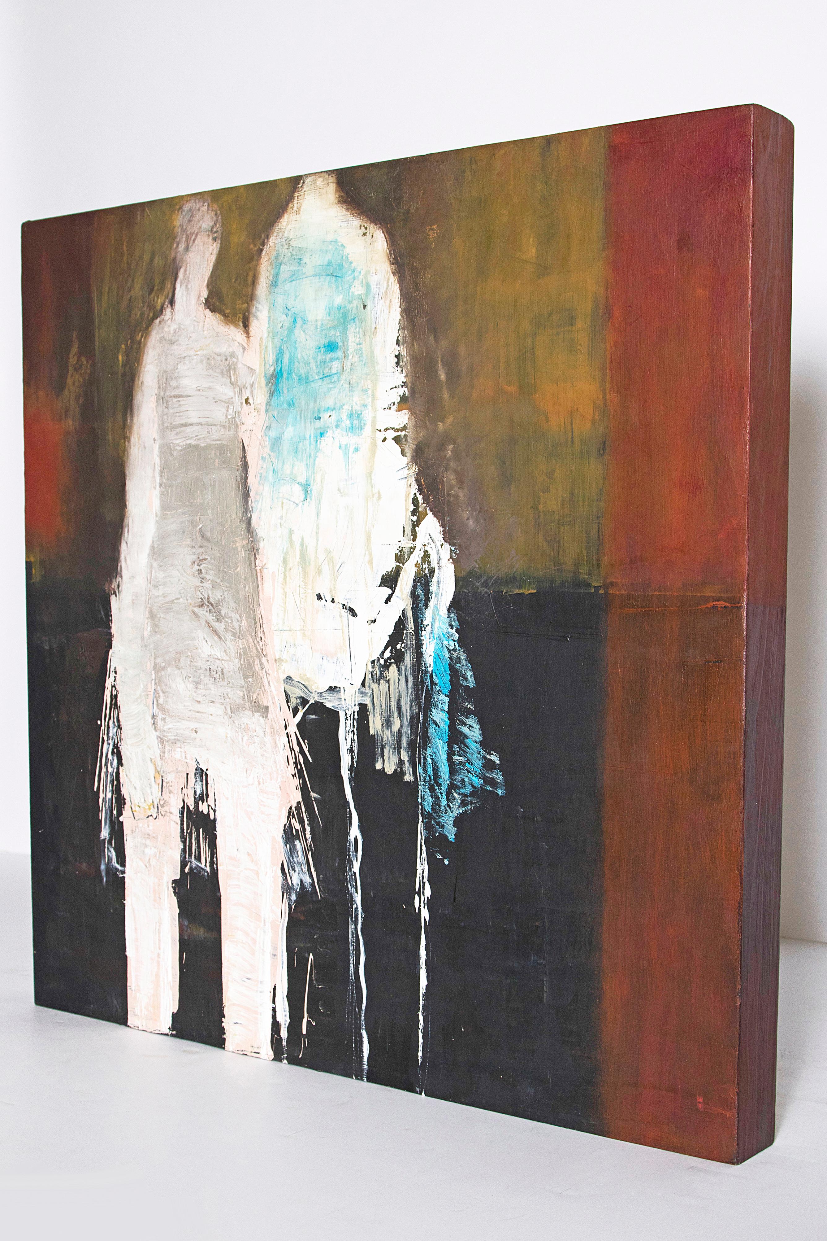 Huile abstraite et figurative sur panneau de Brigitte McReynold, Allemagne, (née en 1959). Intitulée 