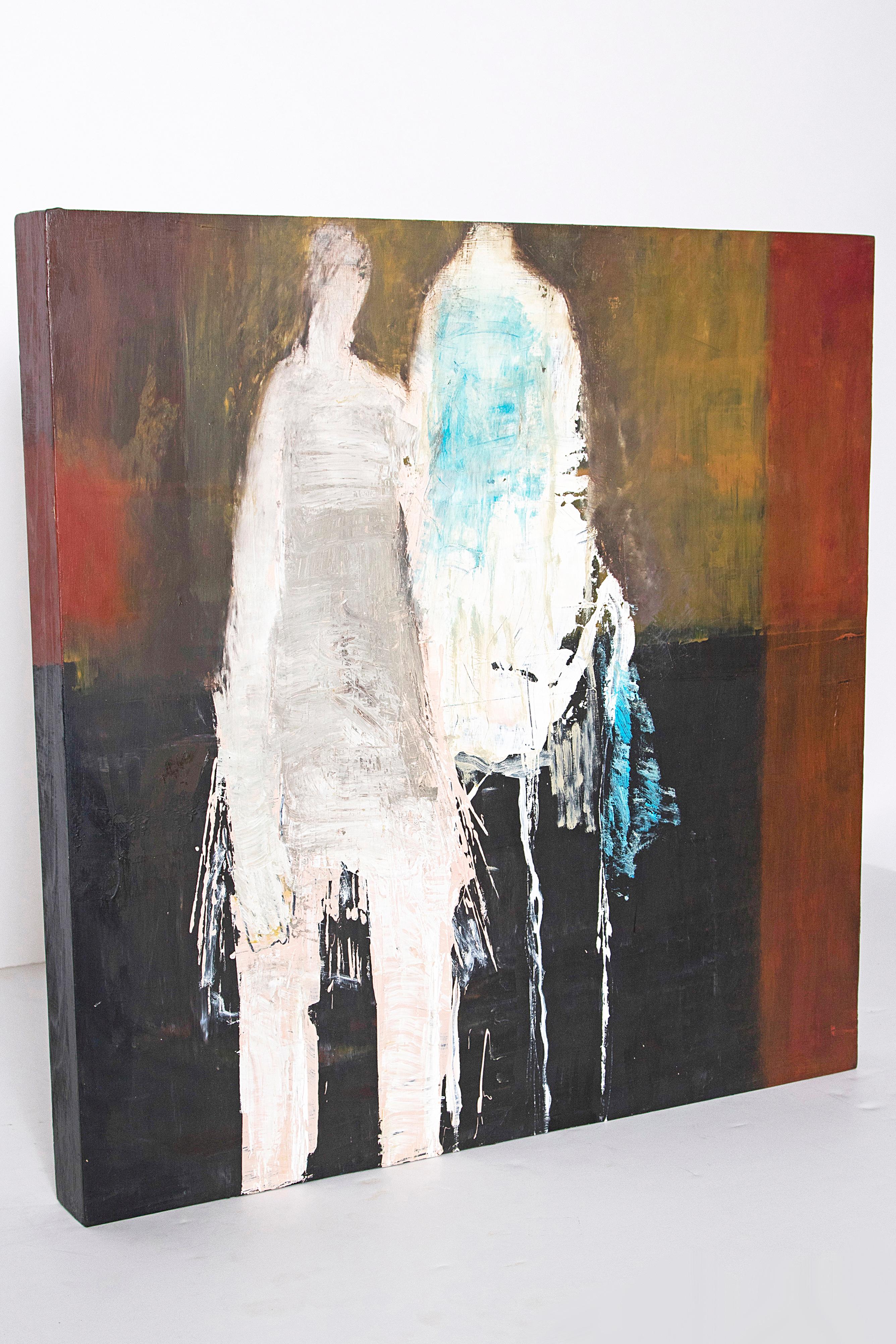Moderne Huile sur panneau abstraite et figurative « Couple in the Blue » de Brigitte McReynolds en vente