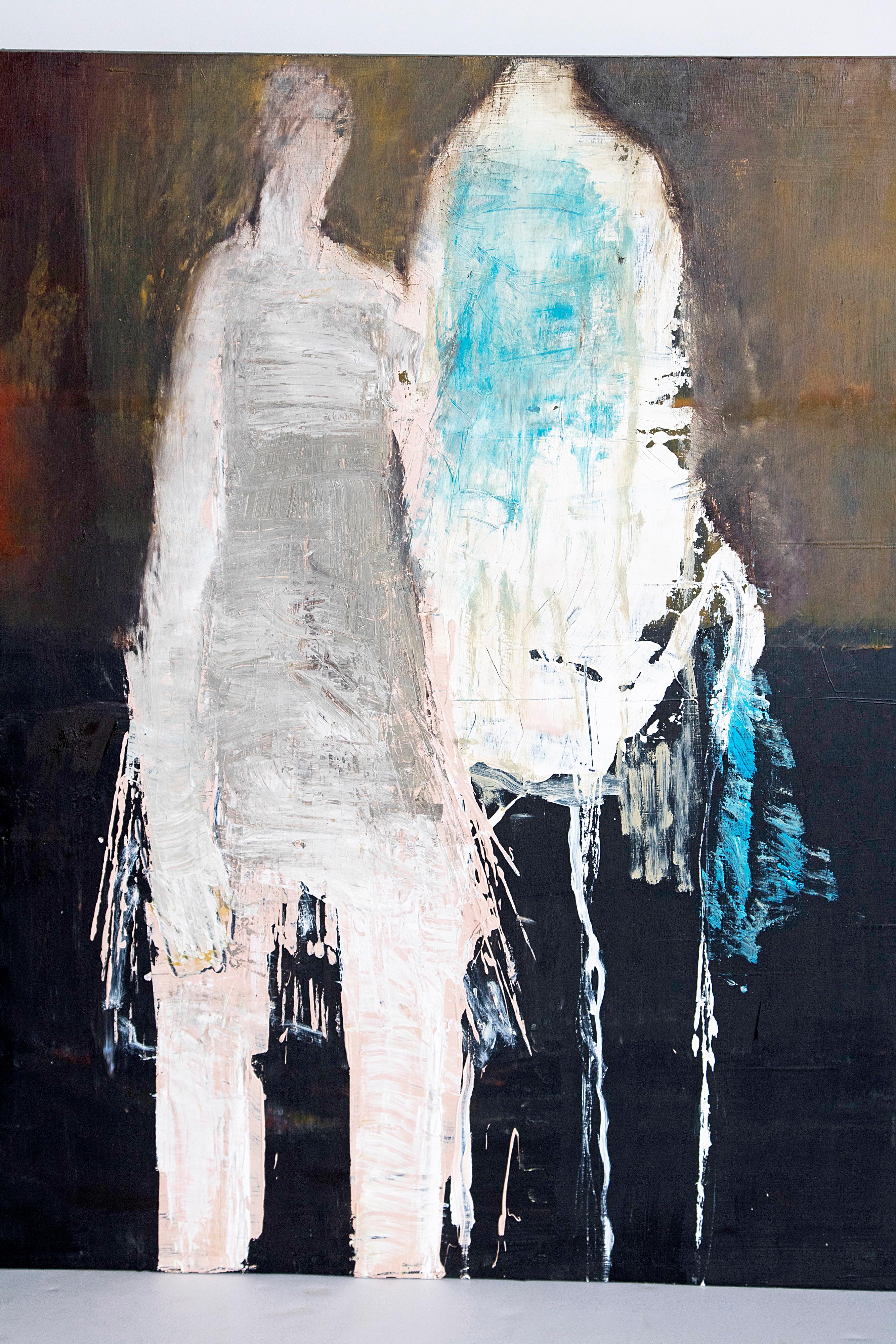 Américain Huile sur panneau abstraite et figurative « Couple in the Blue » de Brigitte McReynolds en vente