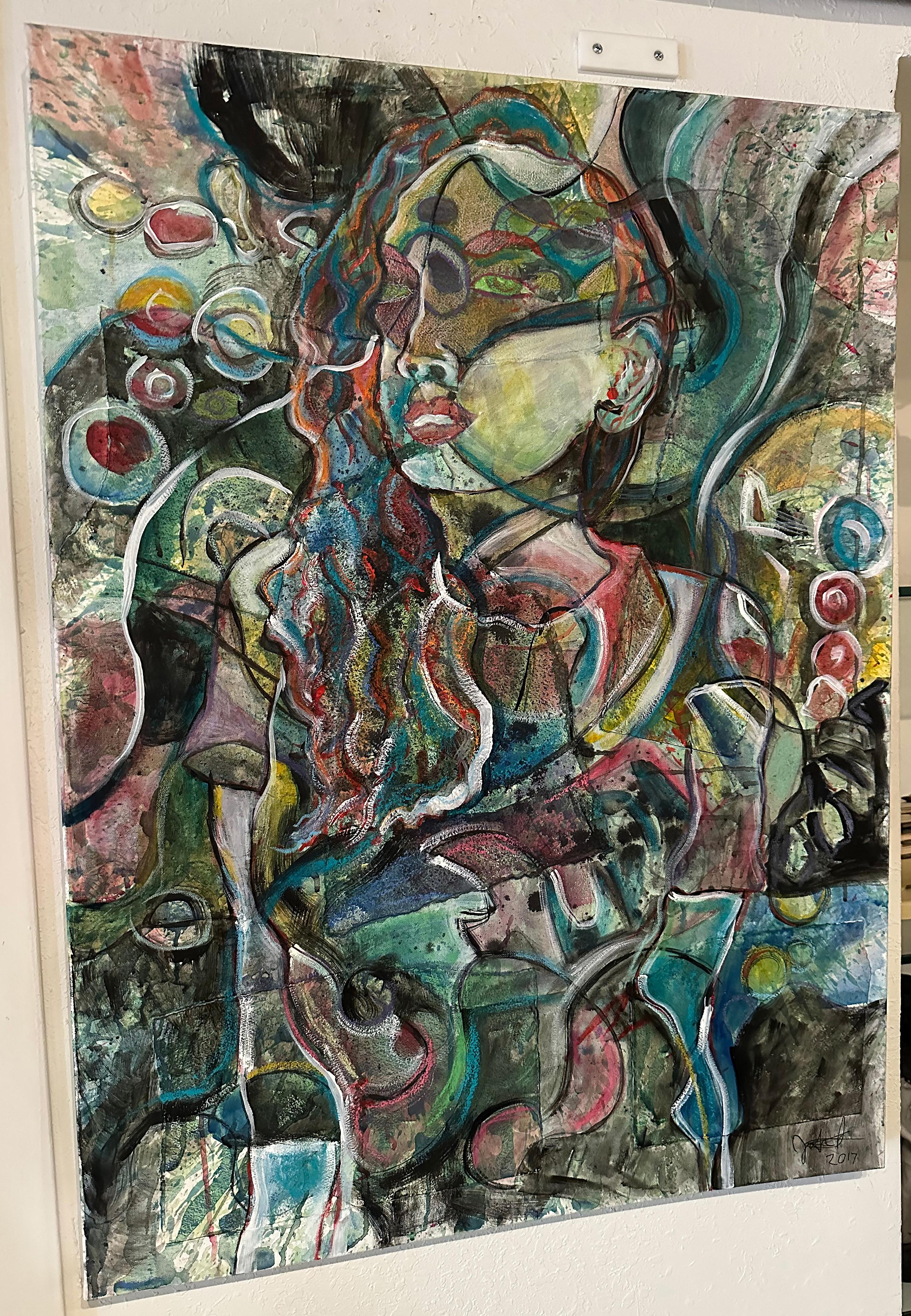 Ein kühnes, stilistisch abstraktes Mixed-Media-Bild des Künstlers Jason Stallings.
Das Gemälde 