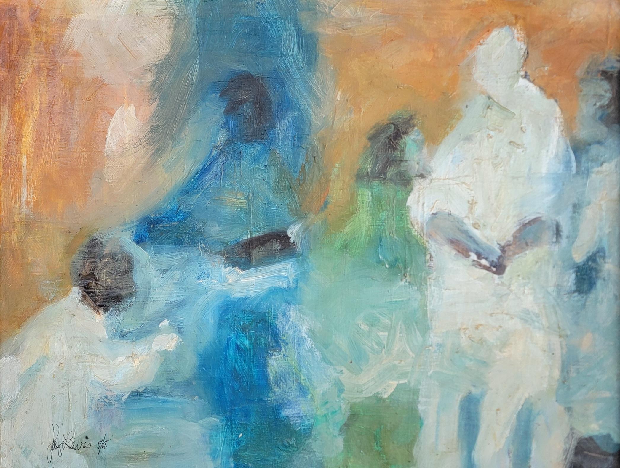 Abstrakt-expressionistische Malerei mit Figuren. Gemalt auf Leinwand. Vom Künstler signiert und datiert 1965. Ausstellungsschild auf der Rückseite, San Mateo, Kalifornien.  Rahmen im Stil der Volkskunst, künstlerisch gestaltet. 

29,25 Zoll