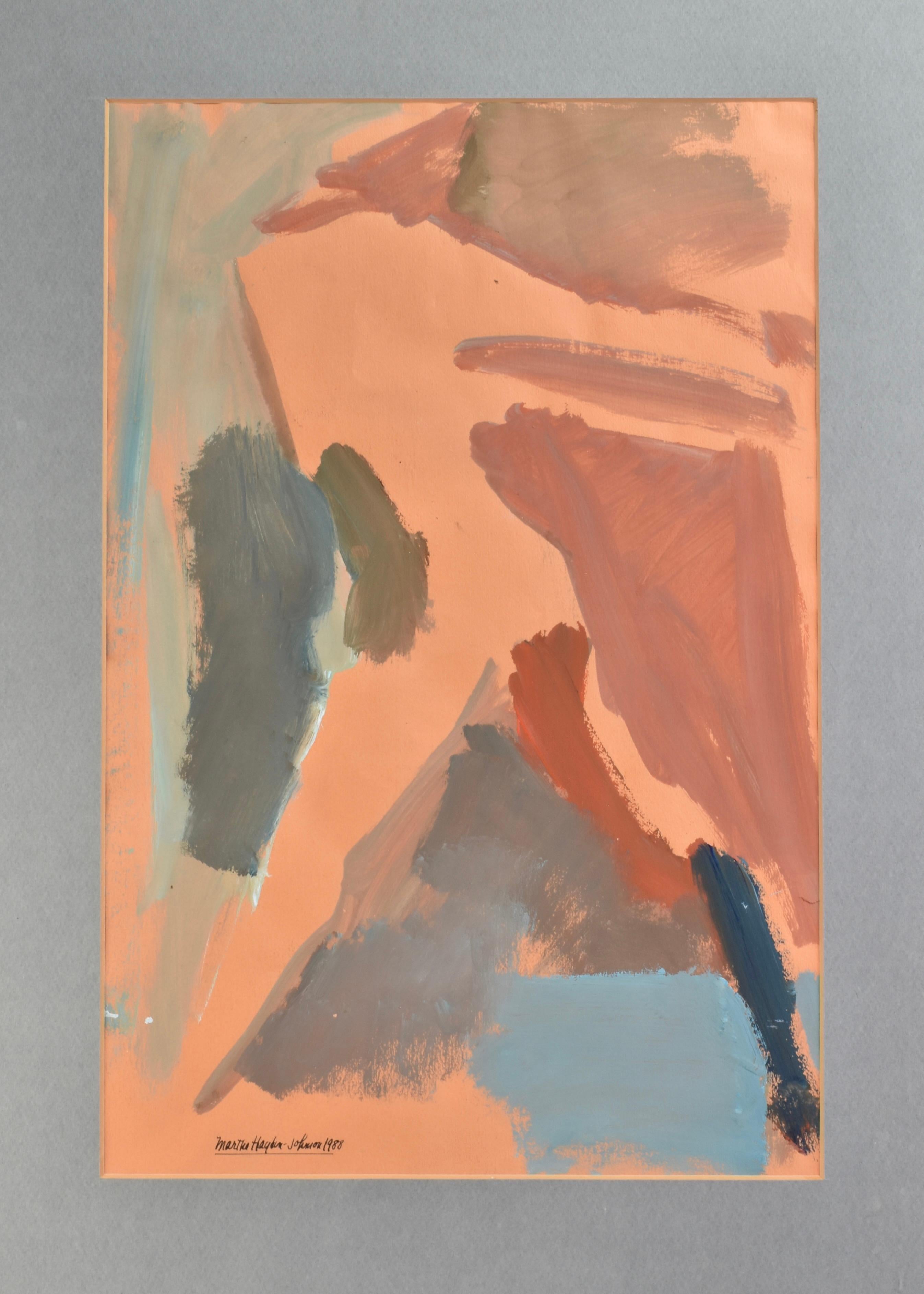 Gouache figurativo abstracto sobre papel de Martha Hayden-Johnson, firmado y fechado en 1988. Una composición en capas de verde azulado intenso, óxido y pizarra sobre un fondo naranja cálido, que sugiere una figura que emerge a través de expresivas