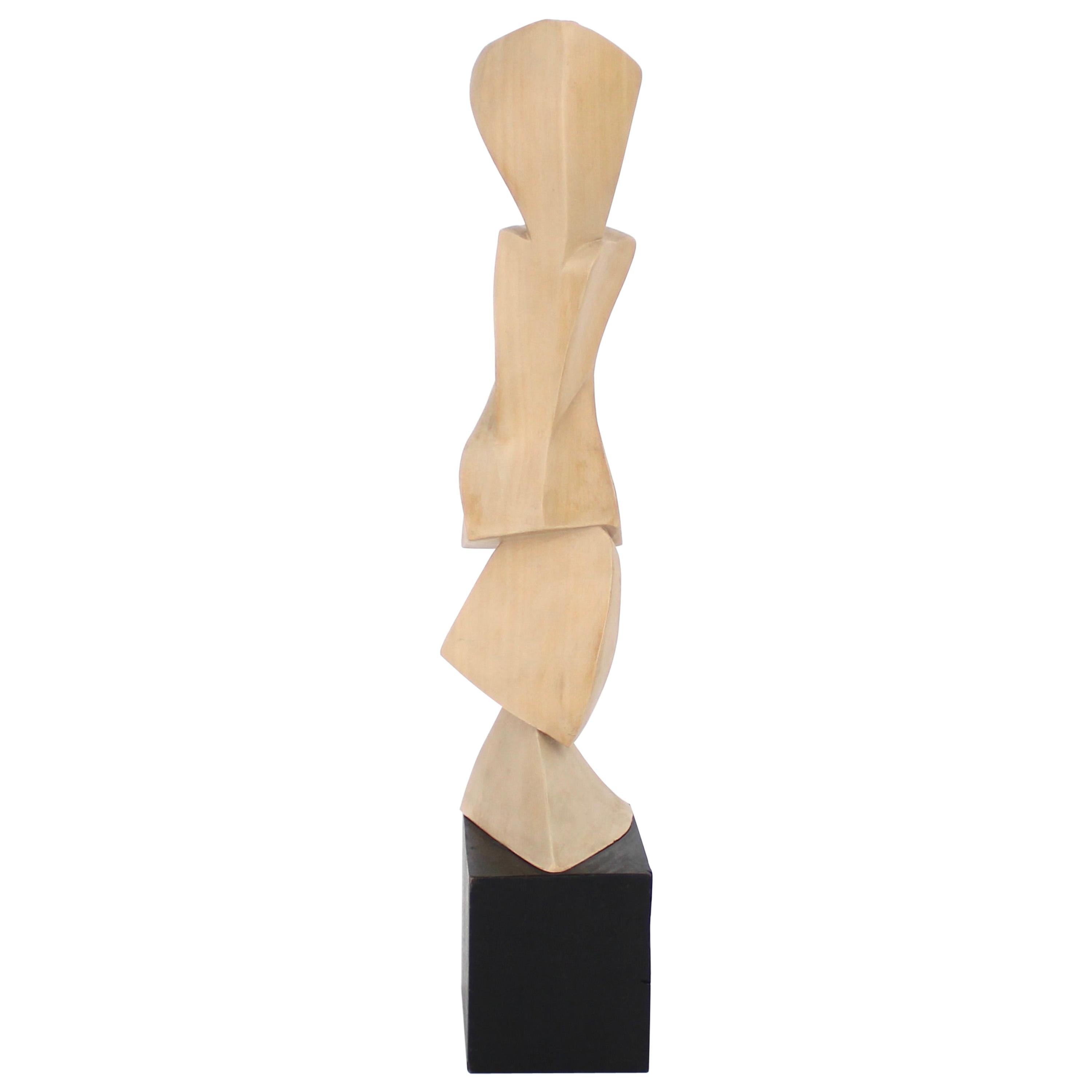 Abstract Figure Carved Blonde Wood Sculpture on Black Wood Plinth