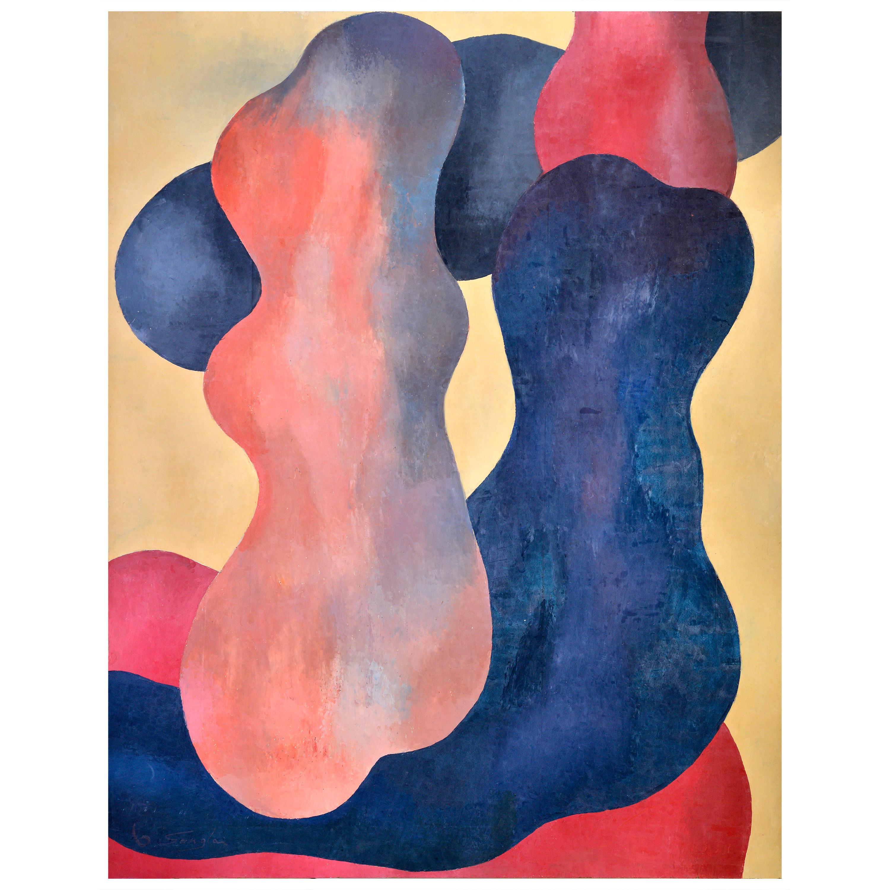 Figures abstraites, orange, beige, bleu foncé et rouge, vers 1976