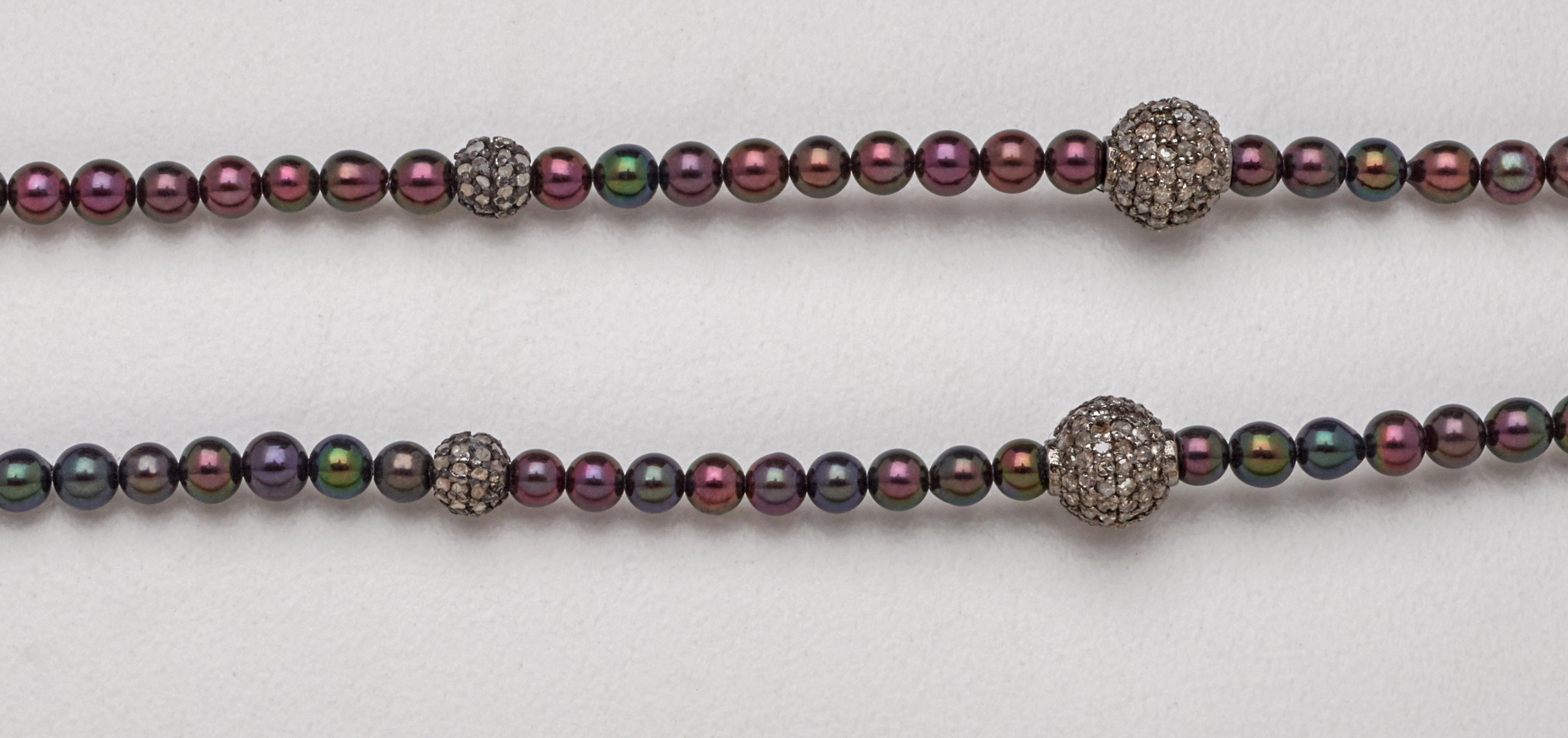 Artisan Whimsical Floral Diamond Silver Pendant Bead Pearl Necklace For Sale