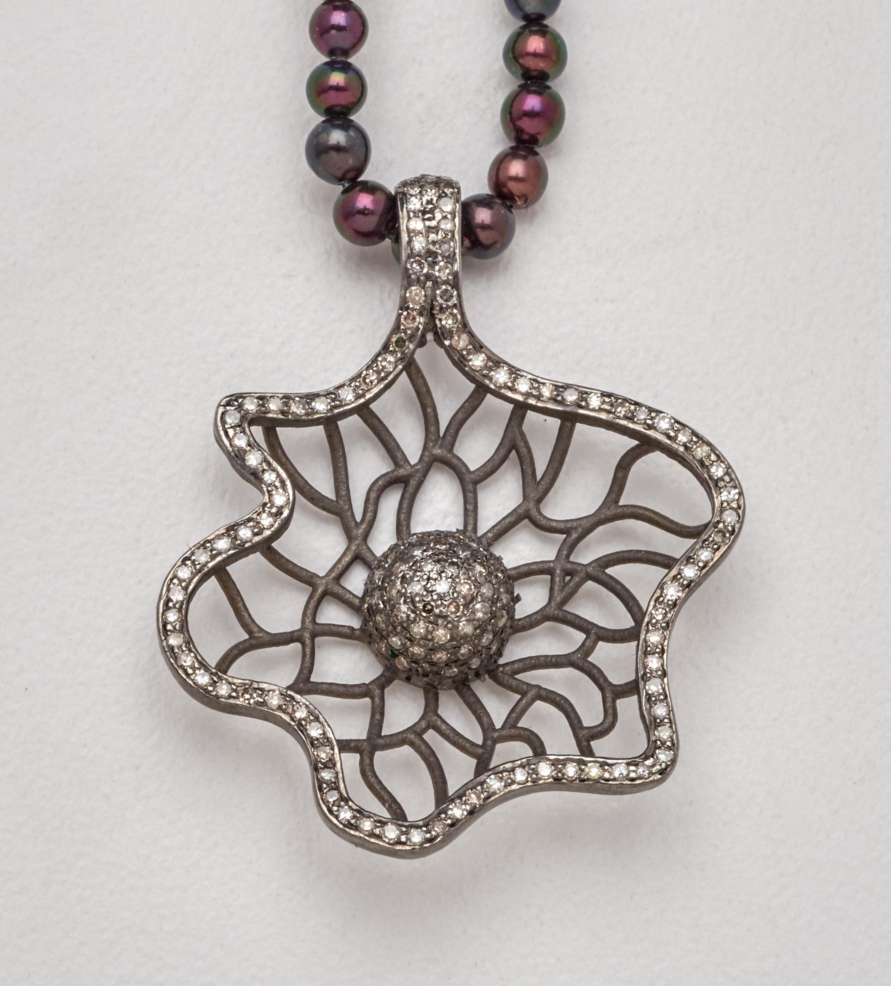 Mixed Cut Whimsical Floral Diamond Silver Pendant Bead Pearl Necklace For Sale