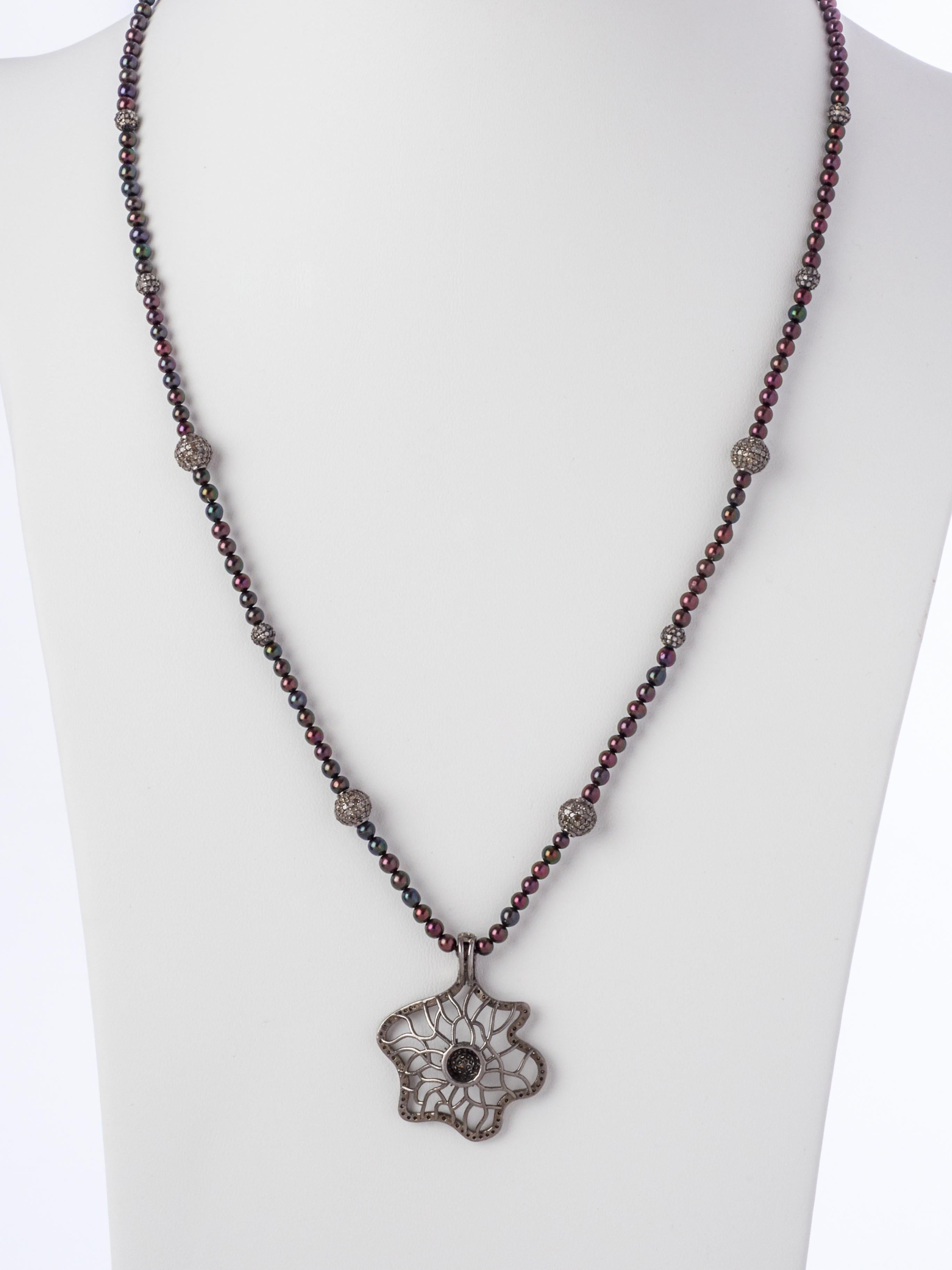 Whimsical Floral Diamond Silver Pendant Bead Pearl Necklace In New Condition For Sale In Mount Kisco, NY