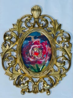 Abstraktes florales Originalgemälde in verziertem Bronzerahmen