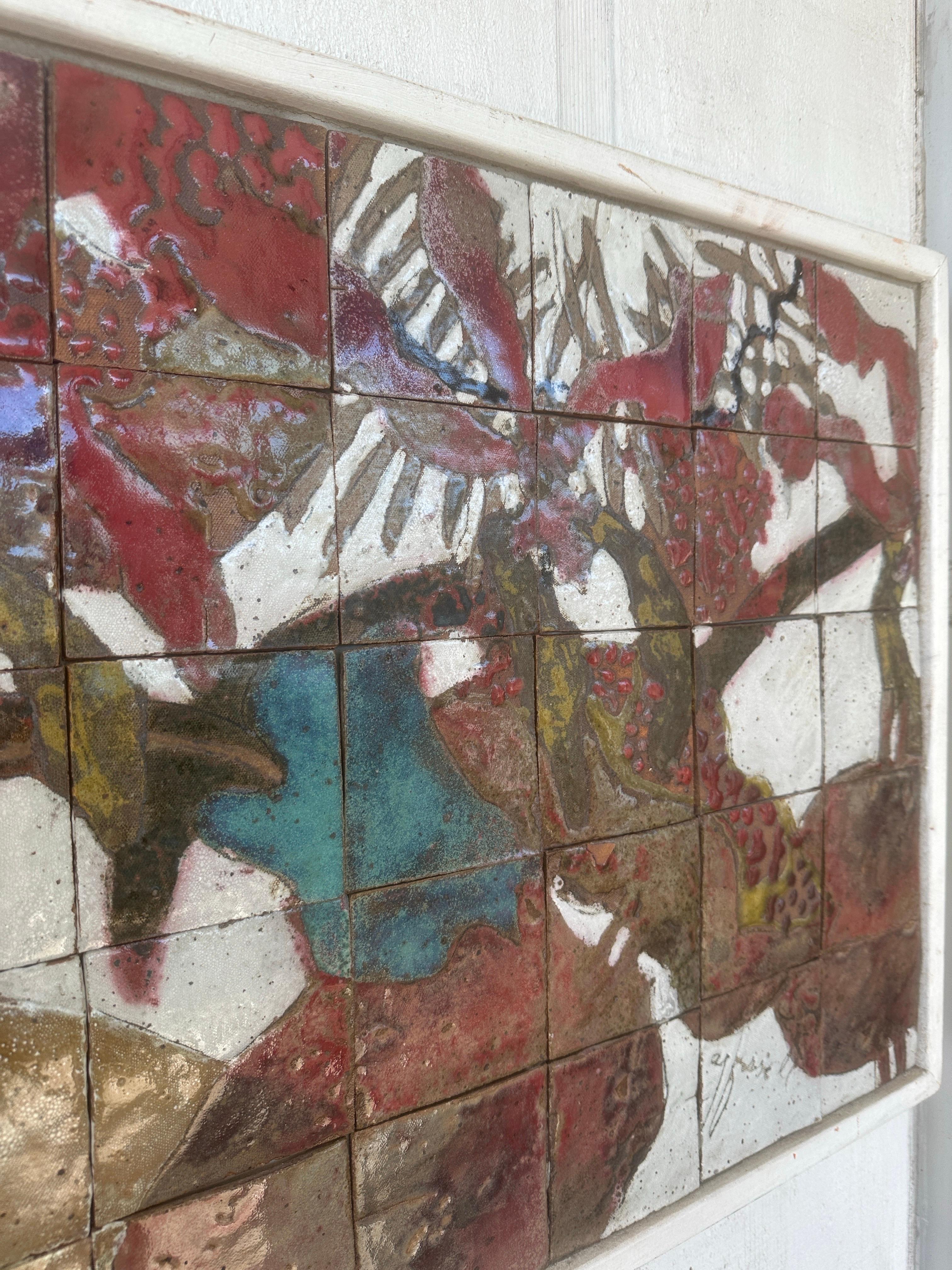 Abstract Floral Painting on Handmade Tiles by artist AJ Ferrell

Handmade ceramic tiles painted and high fired to a glass-like finish, depicting abstract floral motif by Hawaiian artist AJ Ferrell. 

Ferrell created tile paintings alongside her
