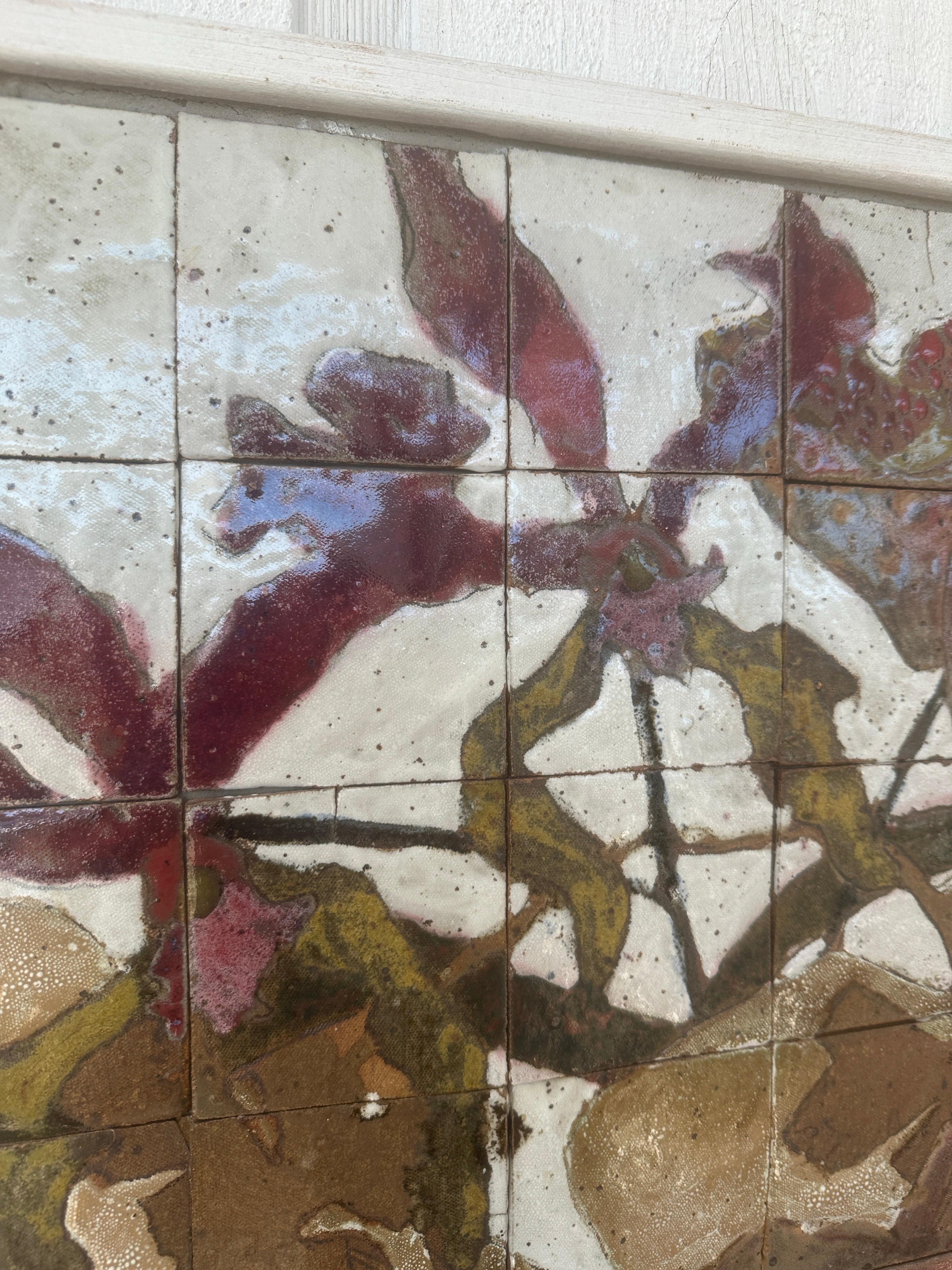 Modern Abstract Floral Tile Painting by artist AJ Ferrell, Glazed Tile, Wood For Sale