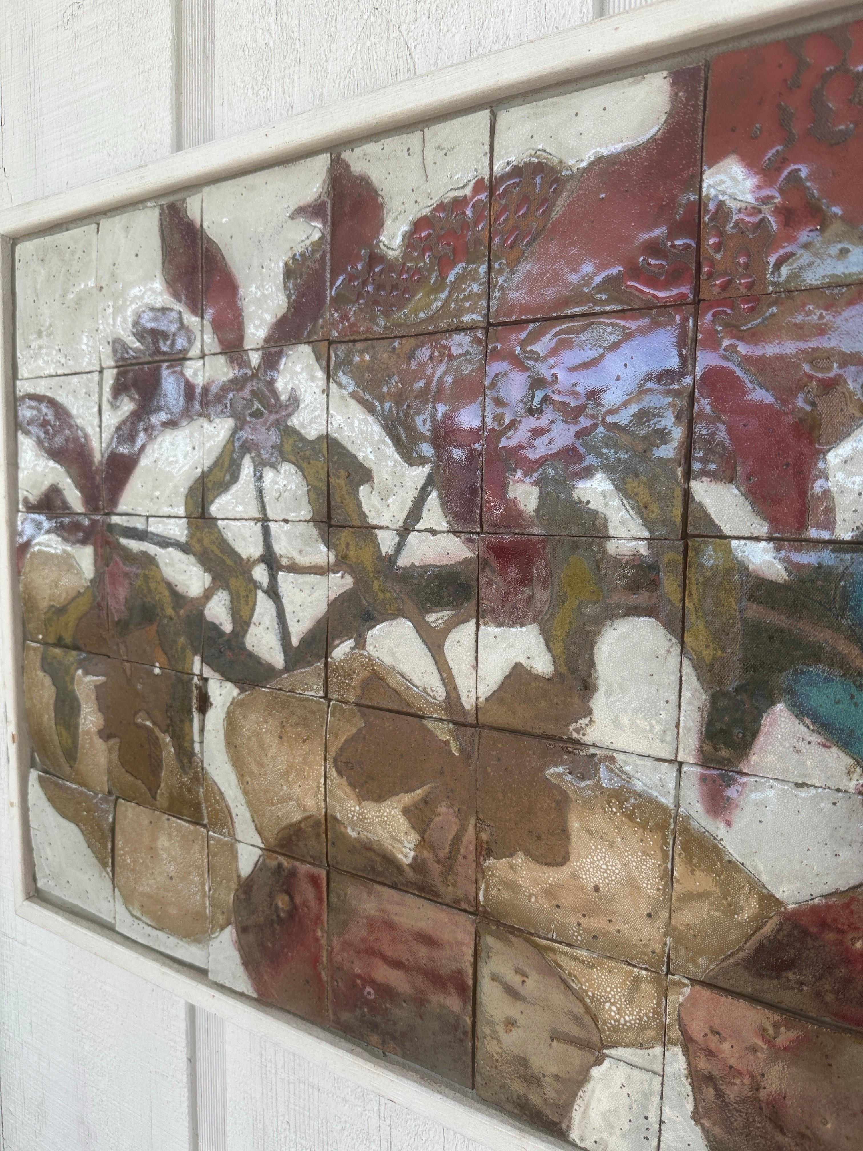 American Abstract Floral Tile Painting by artist AJ Ferrell, Glazed Tile, Wood For Sale