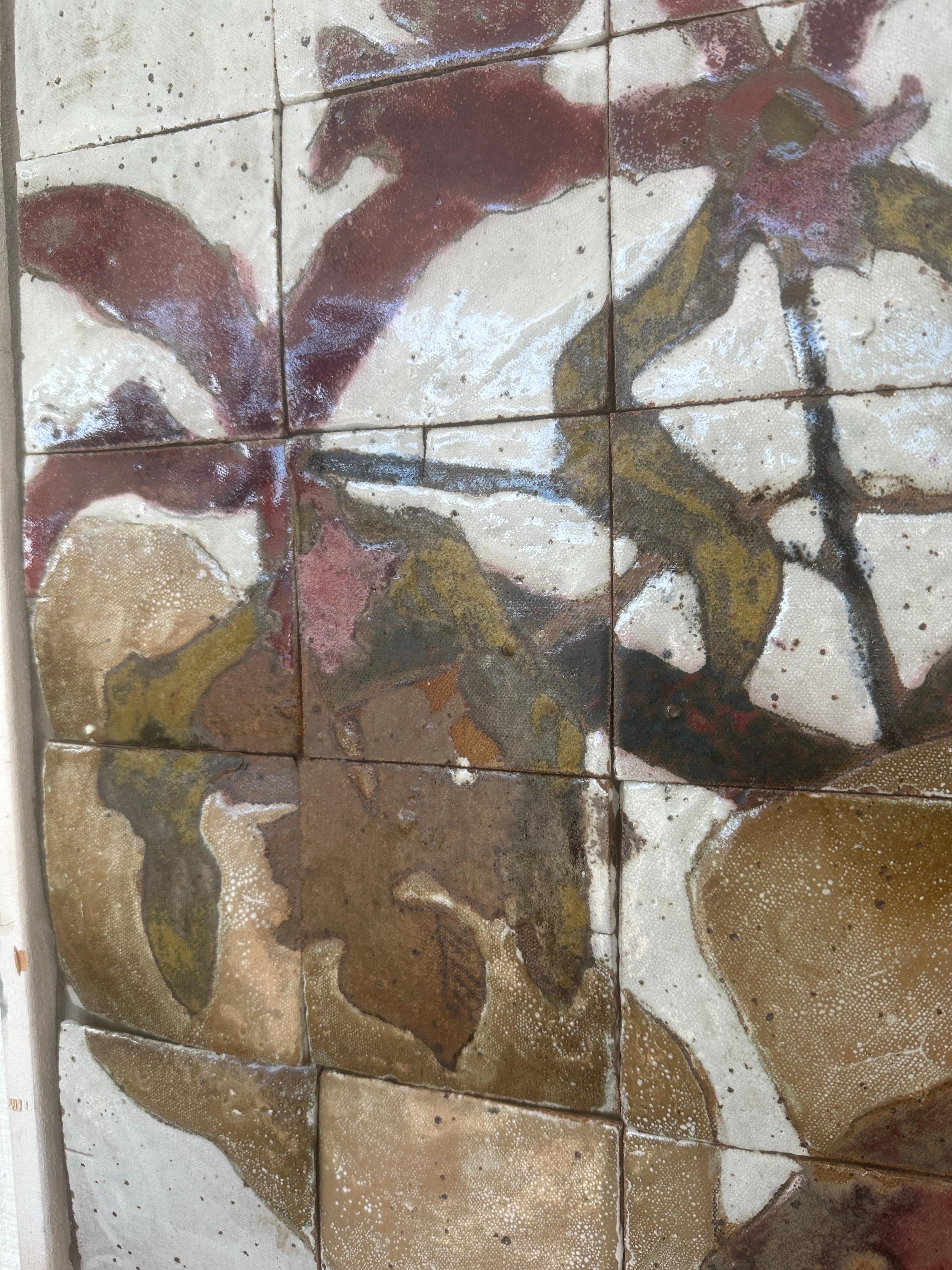 Abstract Floral Tile Painting by artist AJ Ferrell, Glazed Tile, Wood In Good Condition For Sale In Greensboro, NC
