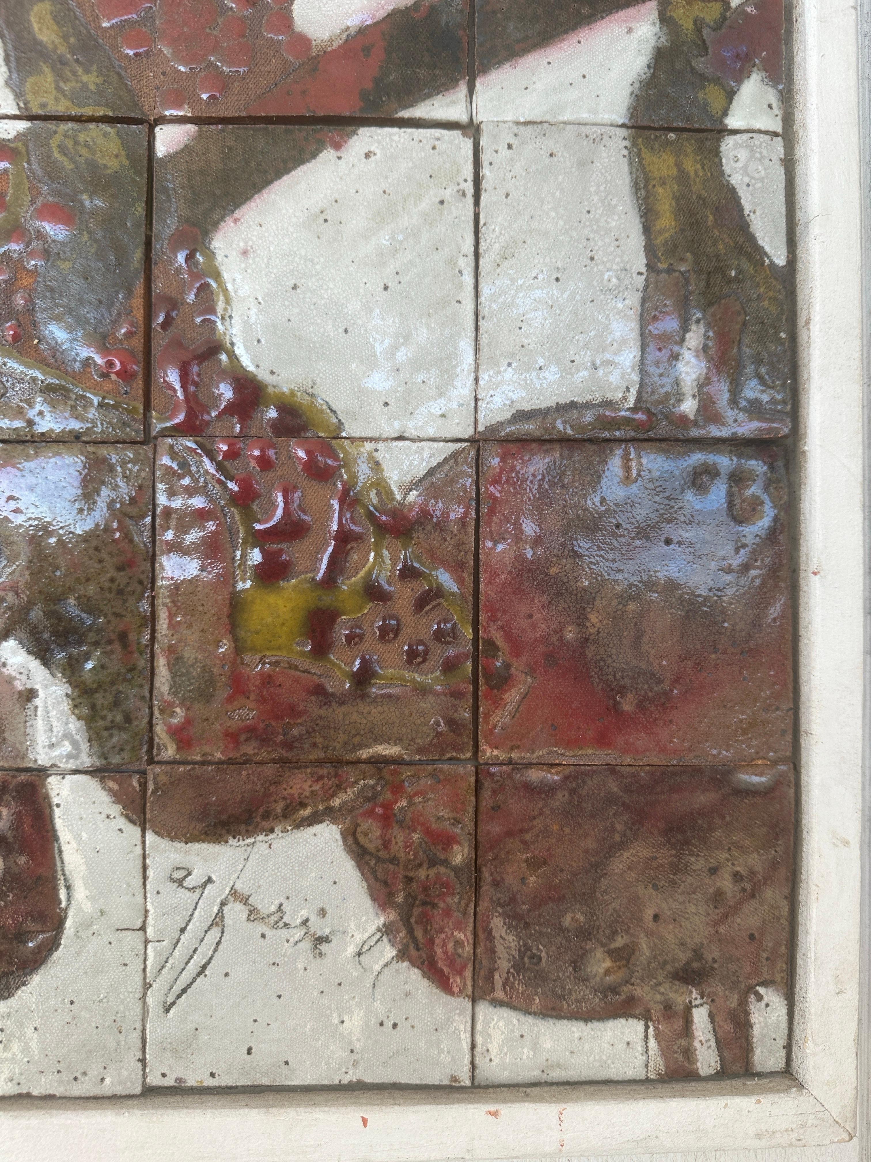 20th Century Abstract Floral Tile Painting by artist AJ Ferrell, Glazed Tile, Wood For Sale