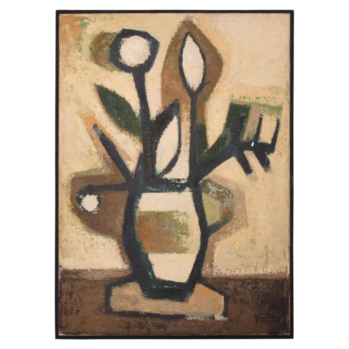 Abstract Flower Oil on Canvas by Ramon Prats Mid-Century Modern Painting