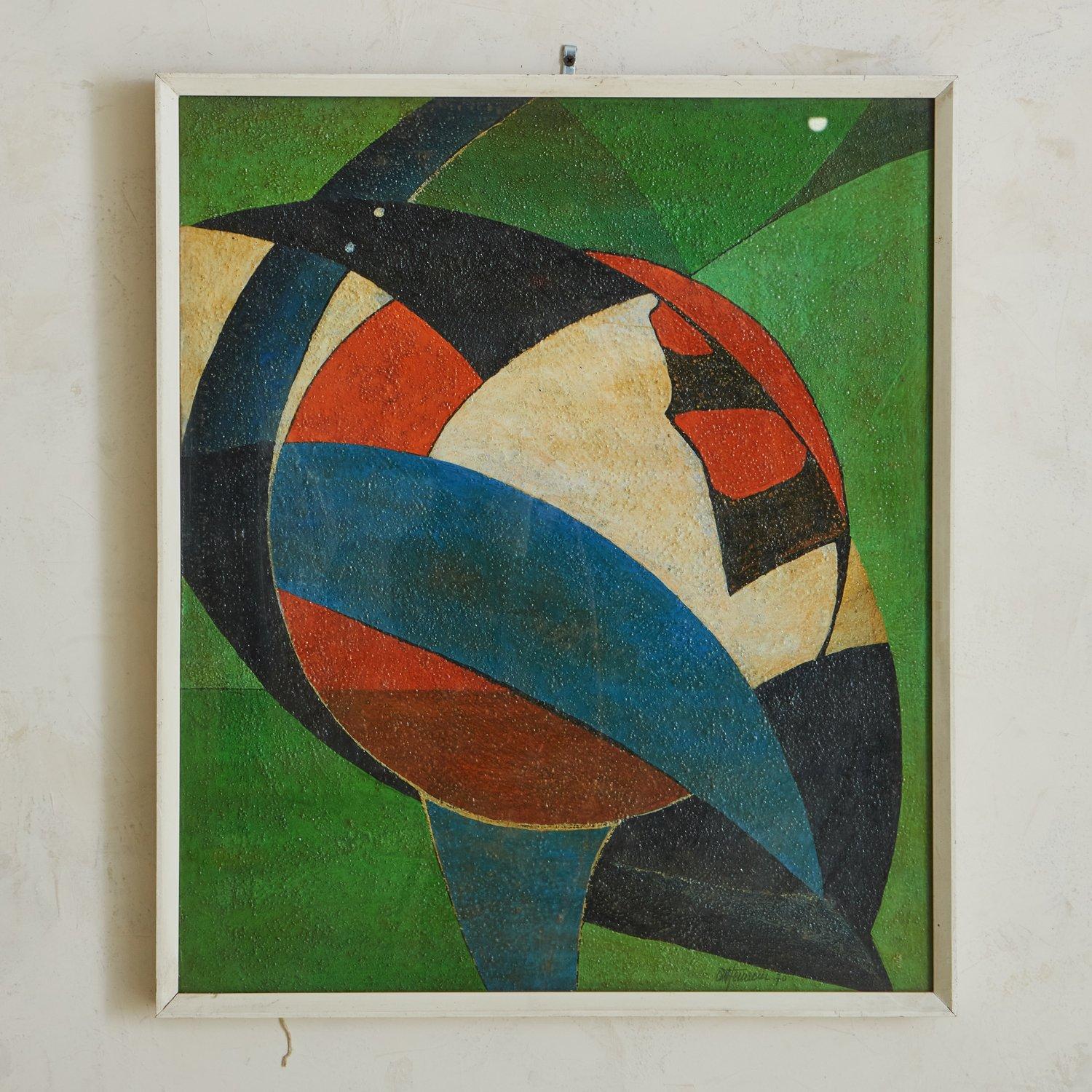 A mid century painting on canvas by Italian artist Attilio Ferracin (1912-1999) featuring deep hues of green, blue and red in an abstract design. This piece is presented in a white wood frame. Signed en verso.