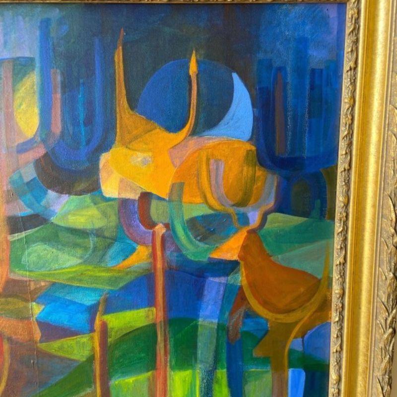 Exceptional abstract oil painting depicting cattle in the pasture. Displayed in an ornate painted gold wooden frame.

Additional information:
Materials: Canvas, Paint, Wood
Color: Blue
Style: Abstract
Time Period: 1980s
Dimensions: 36ʺ W × 2ʺ D ×
