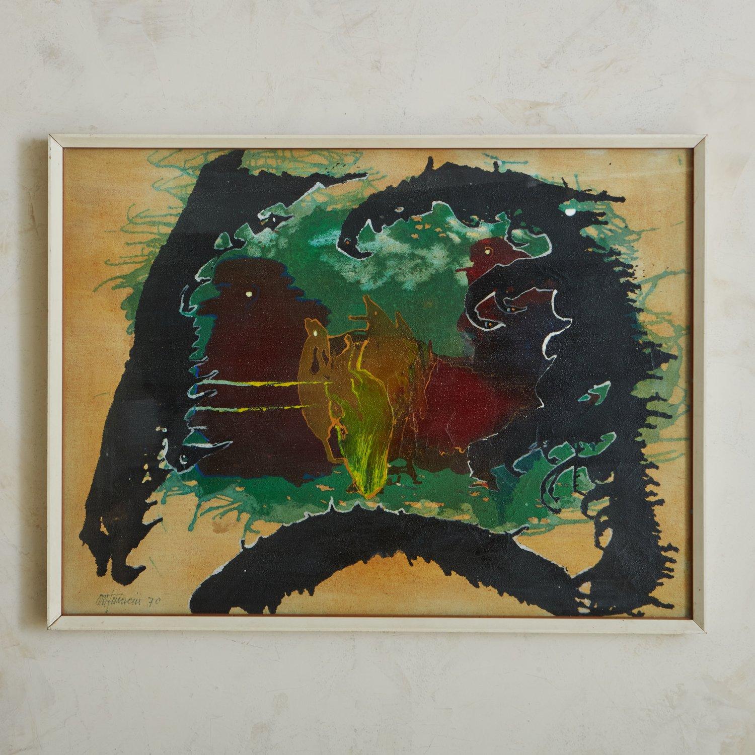 A Mid Century painting on canvas by Italian artist Attilio Ferracin (1912-1999) featuring deep hues of green, red and blue in an abstract design. This piece is presented in a white wood frame. Signed and dated 1970 lower left. 

 