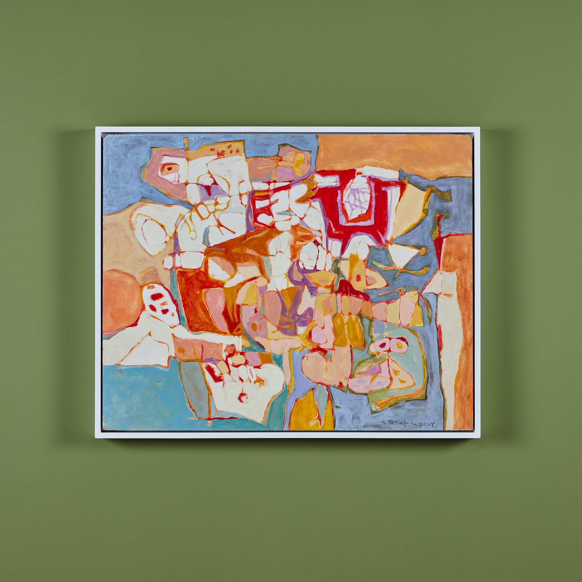 Peinture à l'huile sur toile encadrée de l'artiste de Los Angeles, Sherry Schrut. Les couleurs vont du rouge vif et de l'orange aux bleus et verts froids. Signé par l'artiste.

Dimensions
31,25