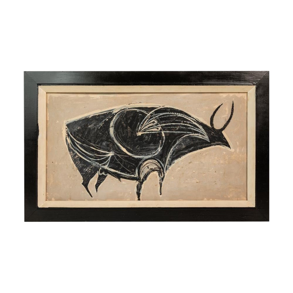 Abstract Framed Textured Oil on Canvas Painting Depicting a Bull, USA, c. 1970s