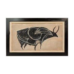 Cuadro abstracto al óleo sobre lienzo enmarcado que representa un toro, EE.UU., c. 1970