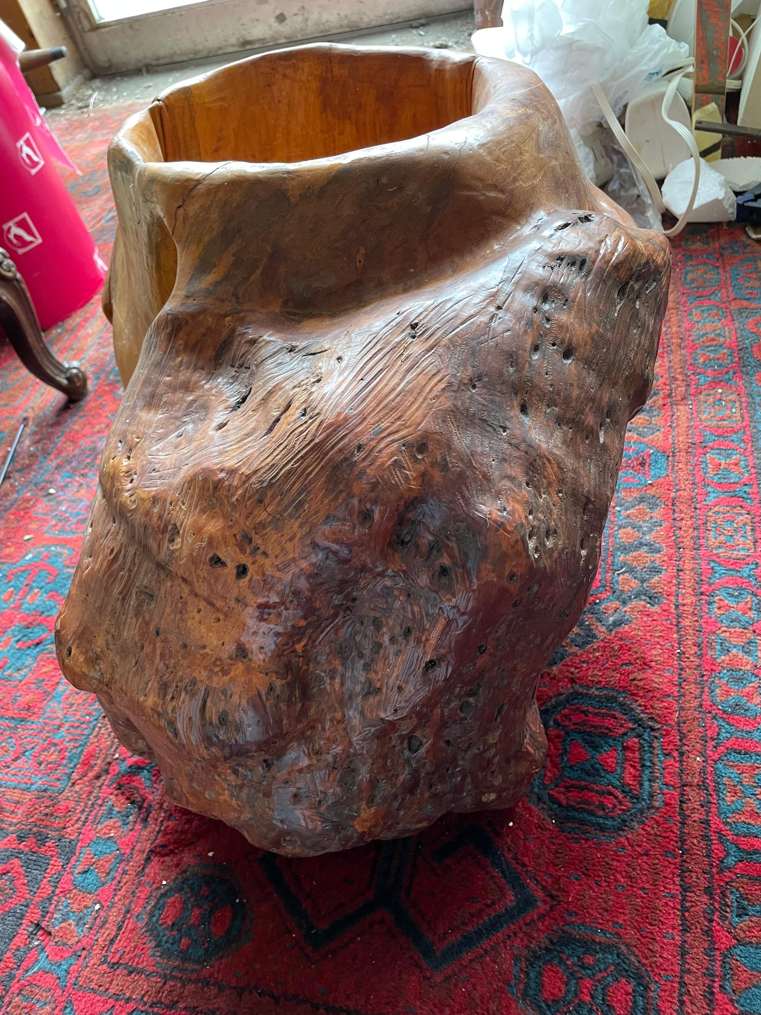 Americano Scultura astratta a forma libera in legno di boro con portapiante moderno in legno di radice Adirondack in vendita
