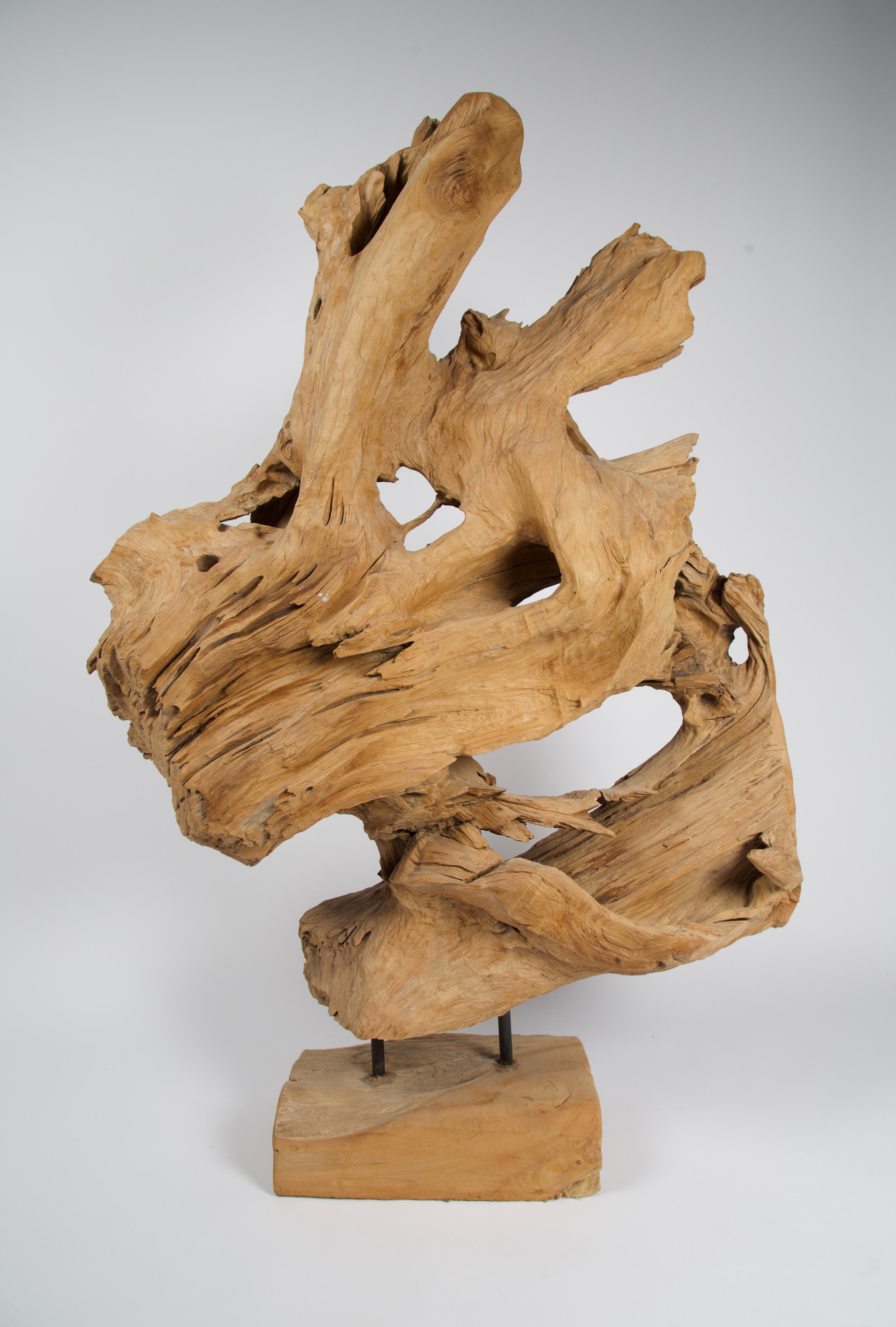 Il s'agit d'une étonnante sculpture abstraite de forme libre en bois de teck naturel et organique. Une pièce d'art très impressionnante et de grande taille. Montée sur une base en bois.