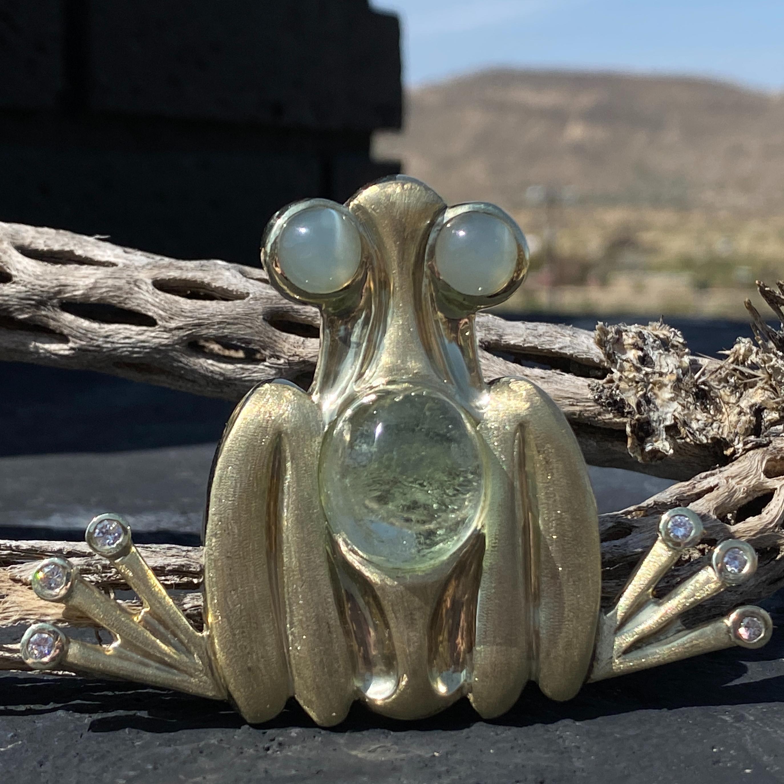 Women's or Men's Abstract Frog Brooch with Diamonds, Moonstone & Tourmaline in 18 Karat Gold For Sale