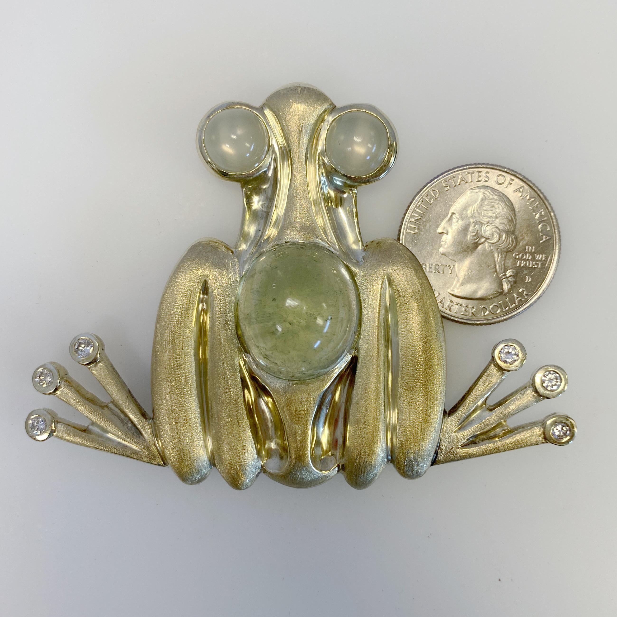 Abstract Frog Brooch with Diamonds, Moonstone & Tourmaline in 18 Karat Gold For Sale 7