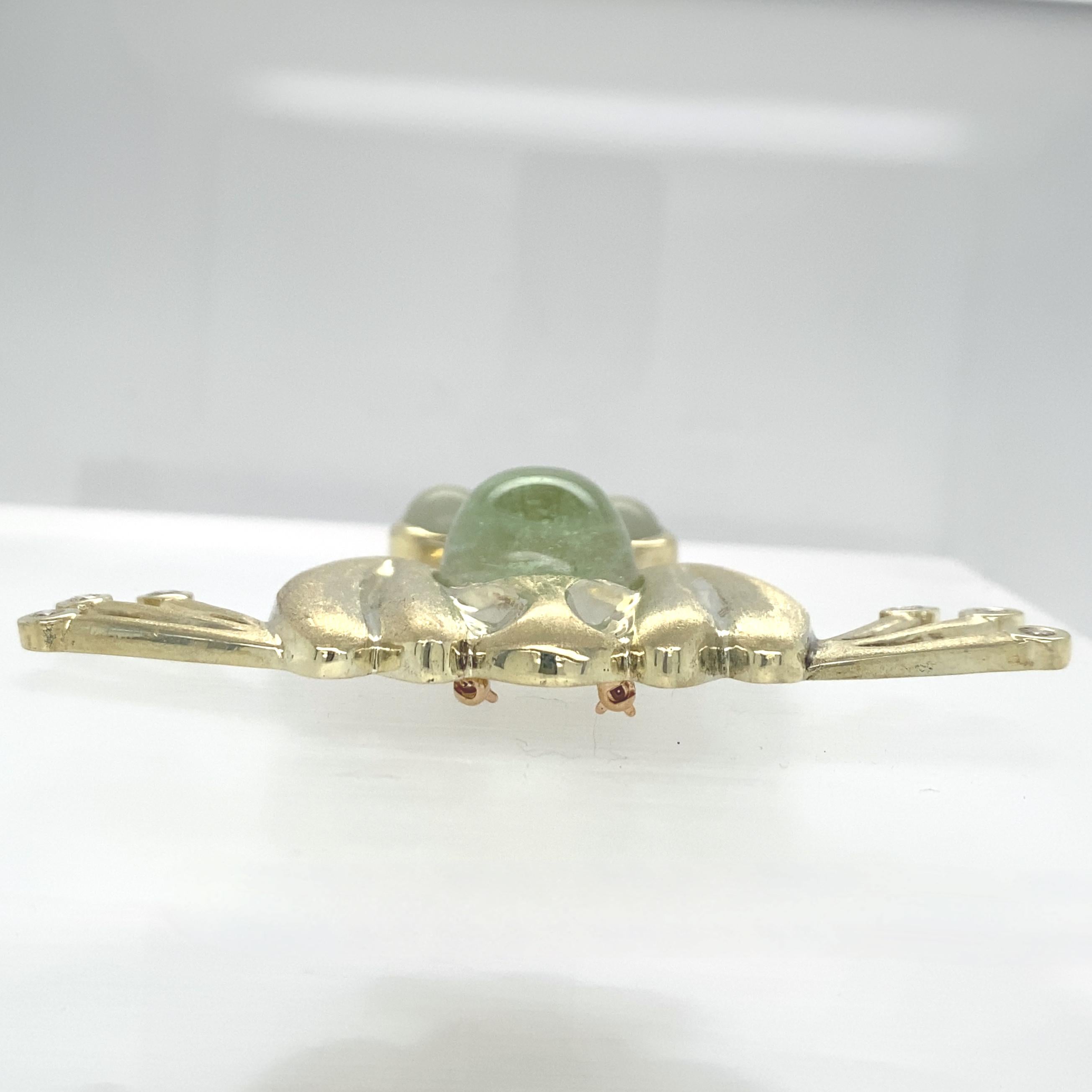 Brilliant Cut Abstract Frog Brooch with Diamonds, Moonstone & Tourmaline in 18 Karat Gold For Sale