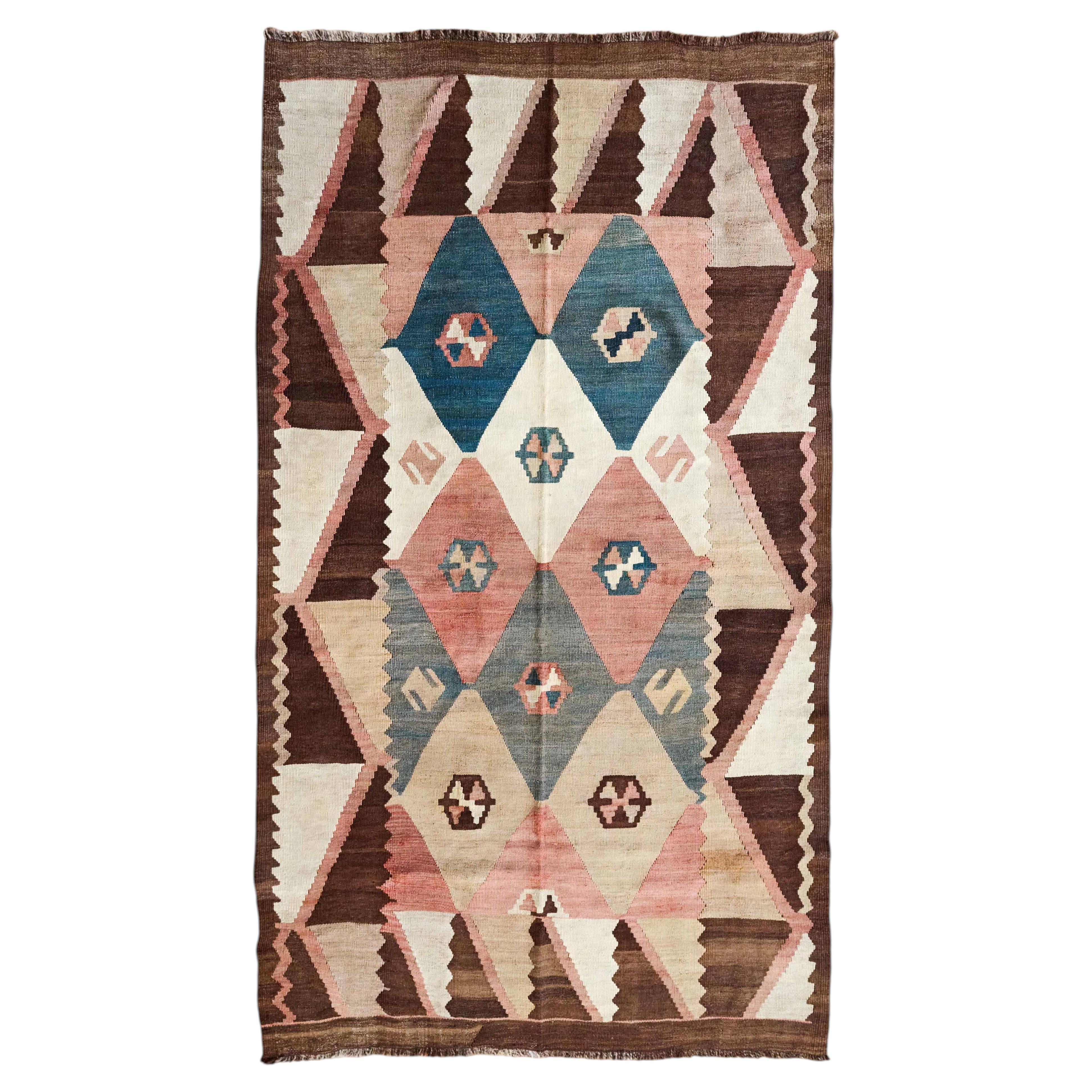 Abstrakter arabisch-usbekischer Woll-Kilim in den Farben Altrosa, Braun, Indigo und Creme, um 1900