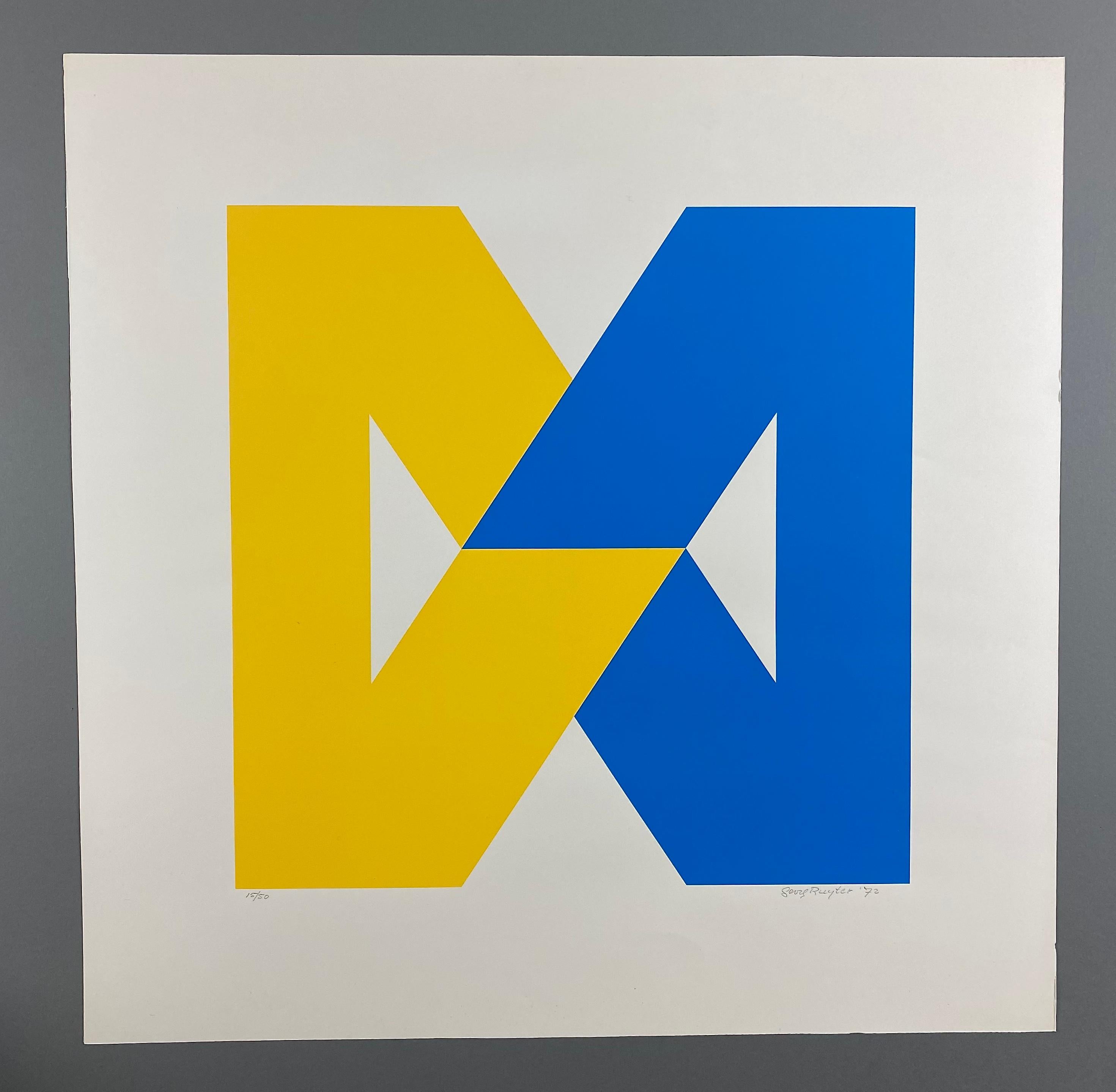 Mid-Century Modern Abstract Geometric Blue and Yellow 70s Limited Edition Silkscreen Print For Sale