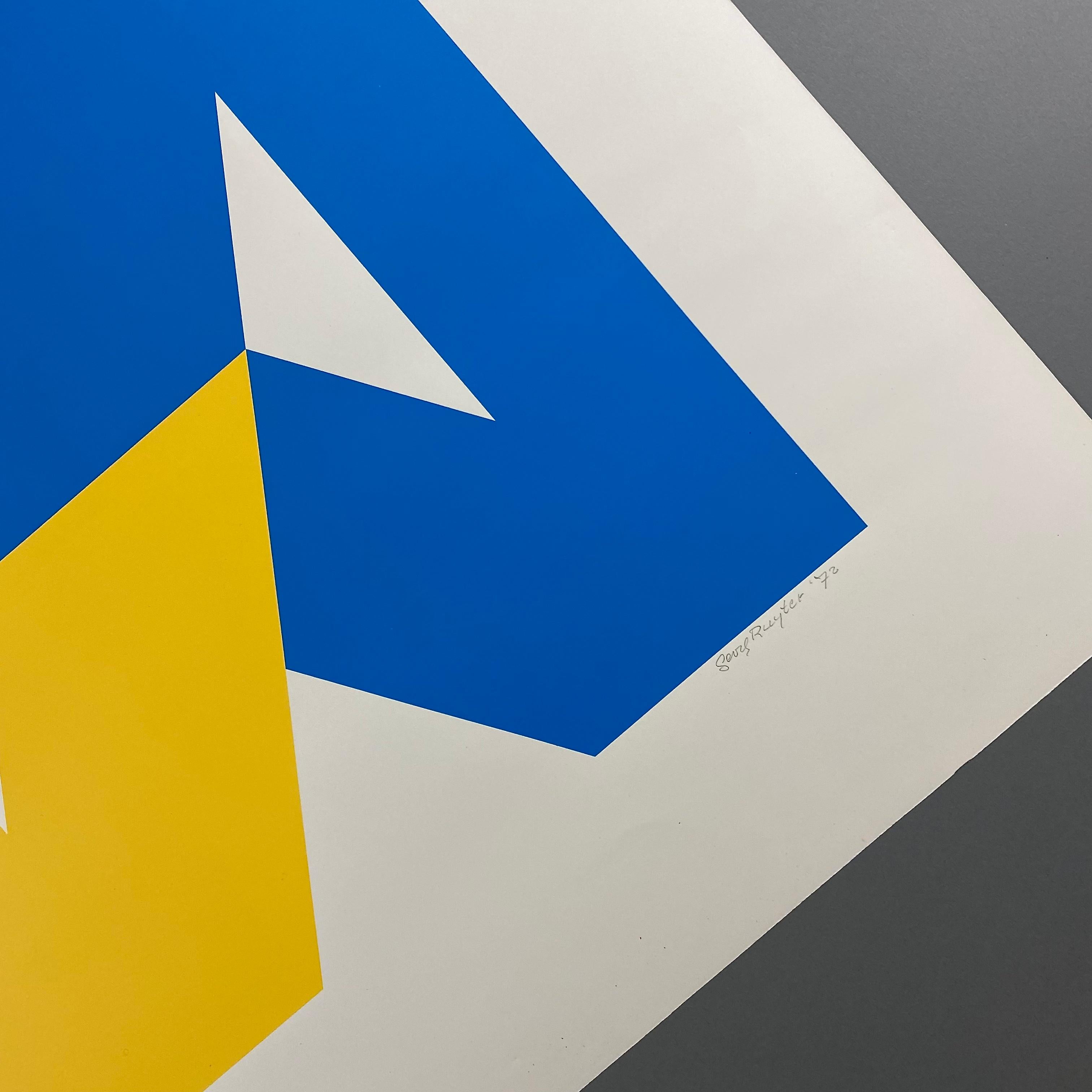 Late 20th Century Abstract Geometric Blue and Yellow 70s Limited Edition Silkscreen Print For Sale