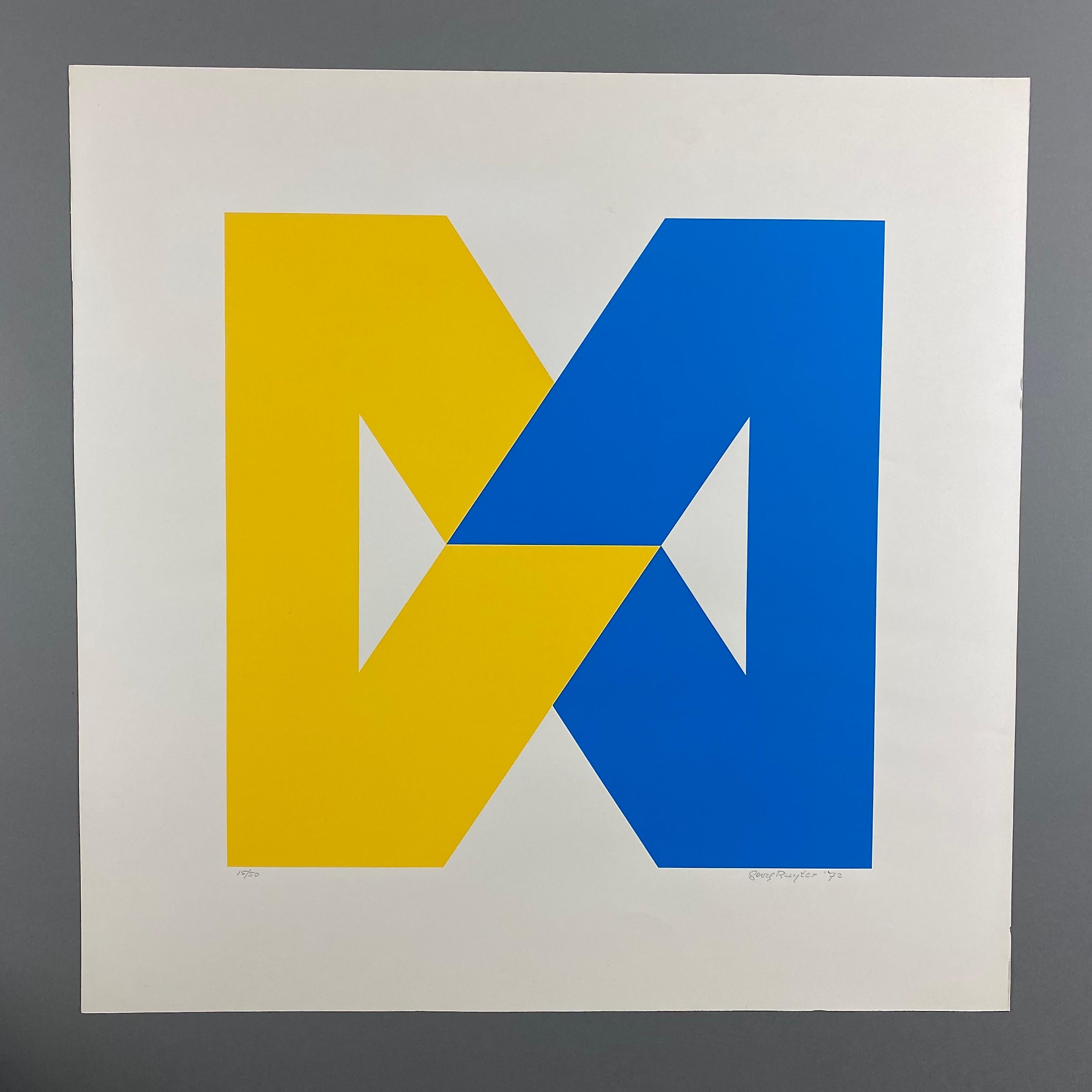 Abstract Geometric Blue and Yellow 70s Limited Edition Silkscreen Print For Sale 1