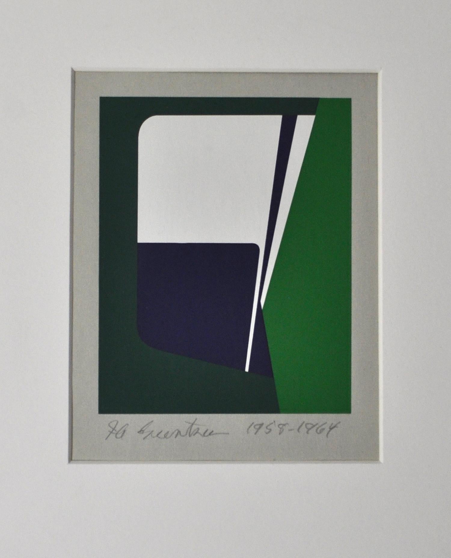 Screen print by Ib Geertsen, signed, 1958-1964.
Art size: 11.2 x 15.5 cm
Ib Geertsen (1919-2009) worked with the concrete art, where the line, shape, color and movement are the content.
He was a sculptor, painter, graphic artist and color