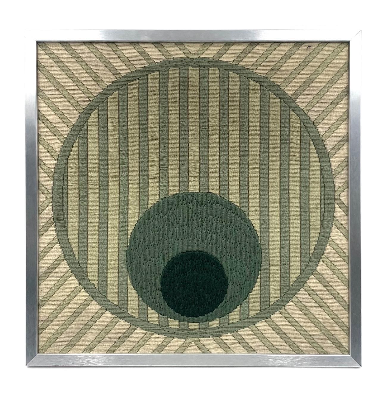 French Abstract geometric green framed tapestry, Janine Gord, France 1979 For Sale
