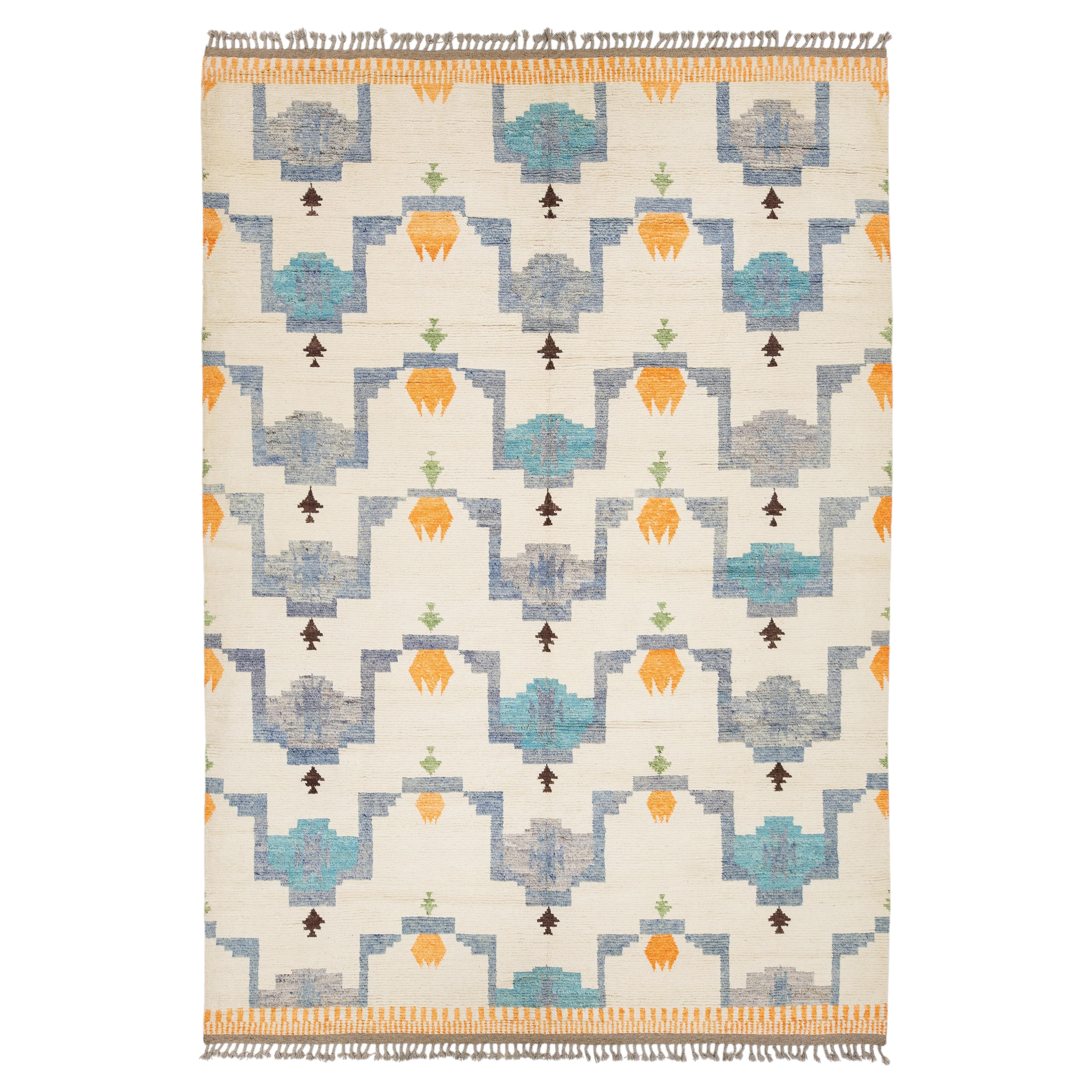 Abstract Geometric Hand-Knotted Modern Moroccan Style Wool Rug 10x15