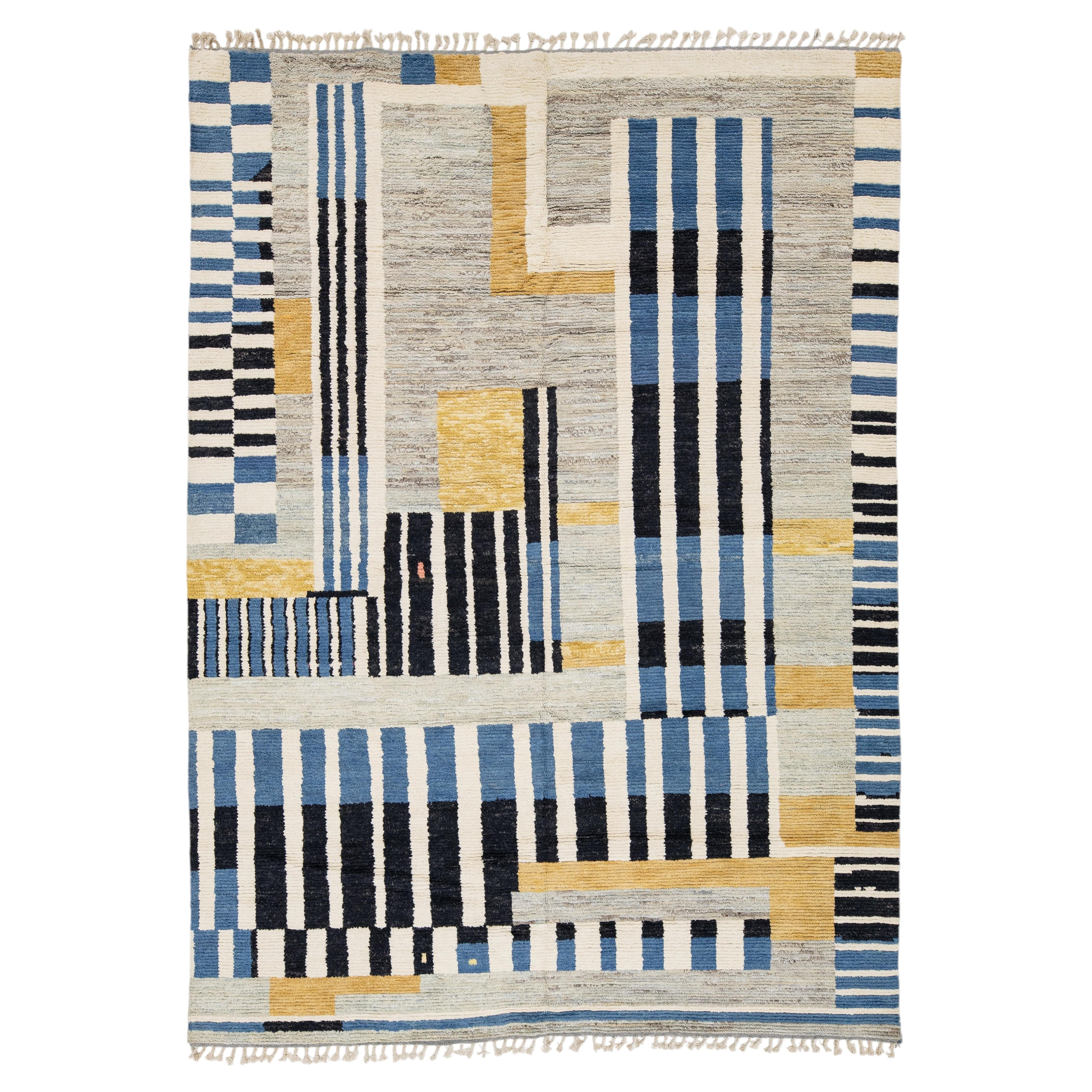 Abstract Geometric Hand-Knotted Wool Rug – Modern Moroccan Style 9x12