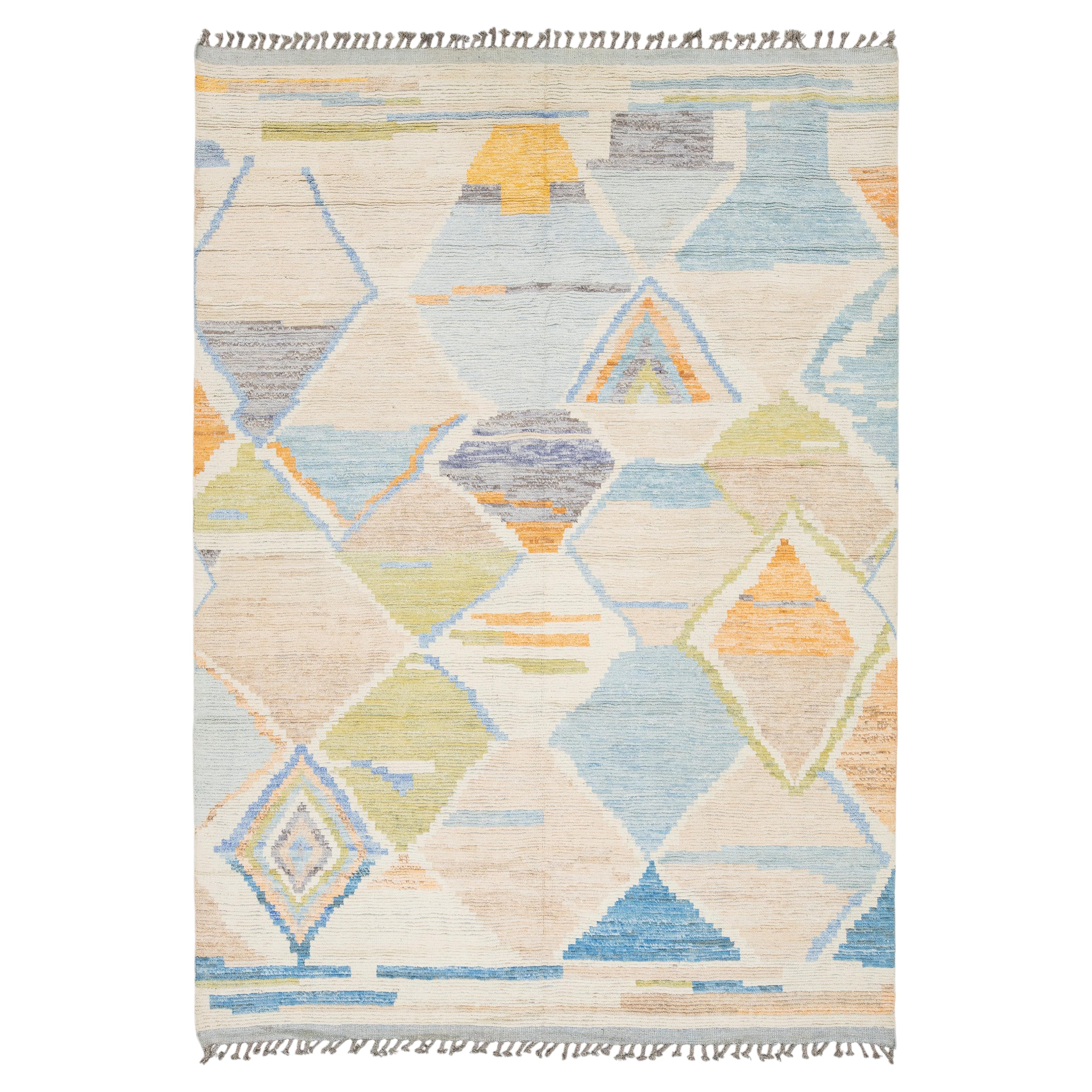 Abstract Geometric Moroccan Style Hand-Knotted Wool Rug – Pastel & Earth Tones