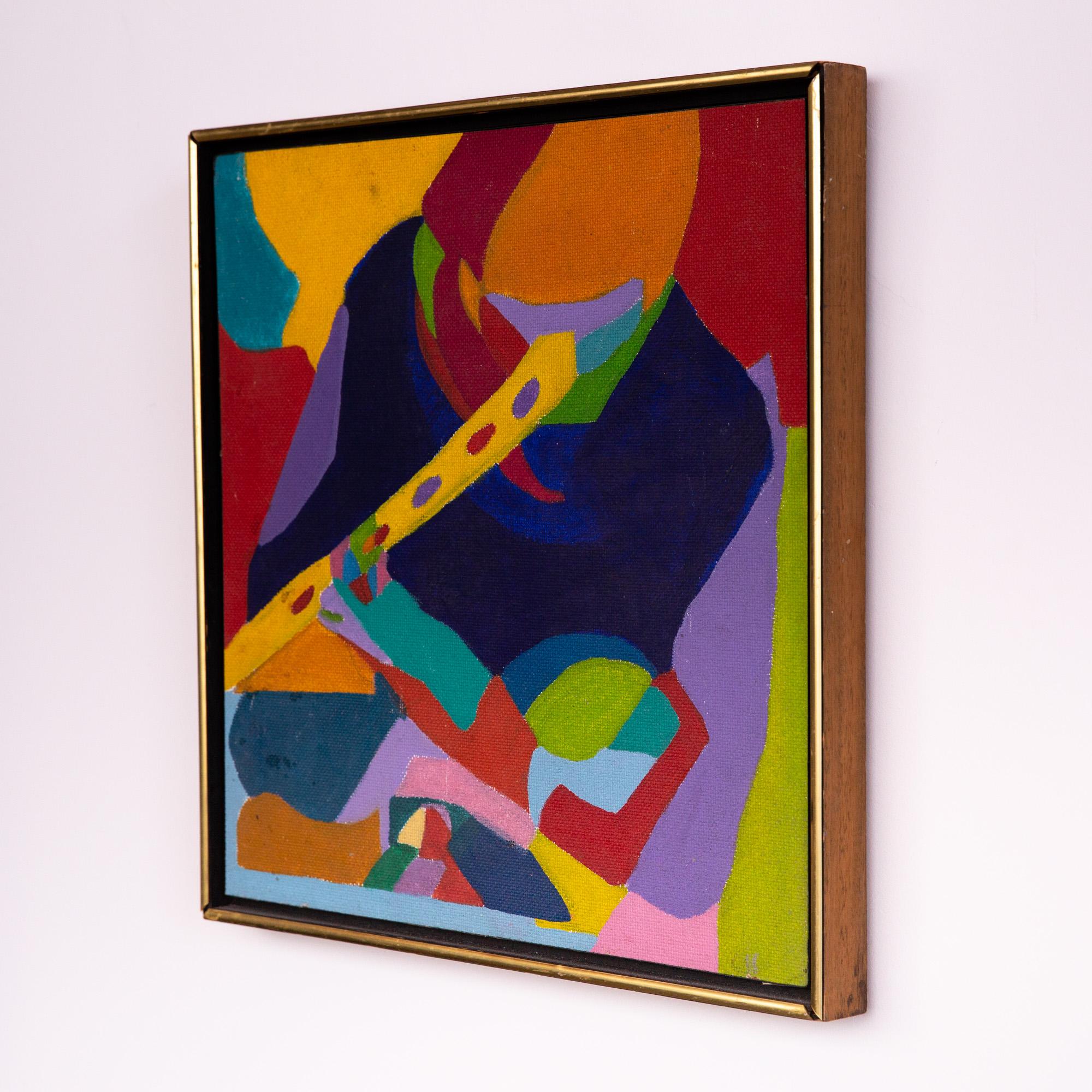 Abstract, modernist painting composed of rich color blocking. The bright color fields sit on top of a Masonite canvas. The shapes allude to a person playing a woodwind instrument. Vibrant hues are wrapped in a modern wooden and gold painted