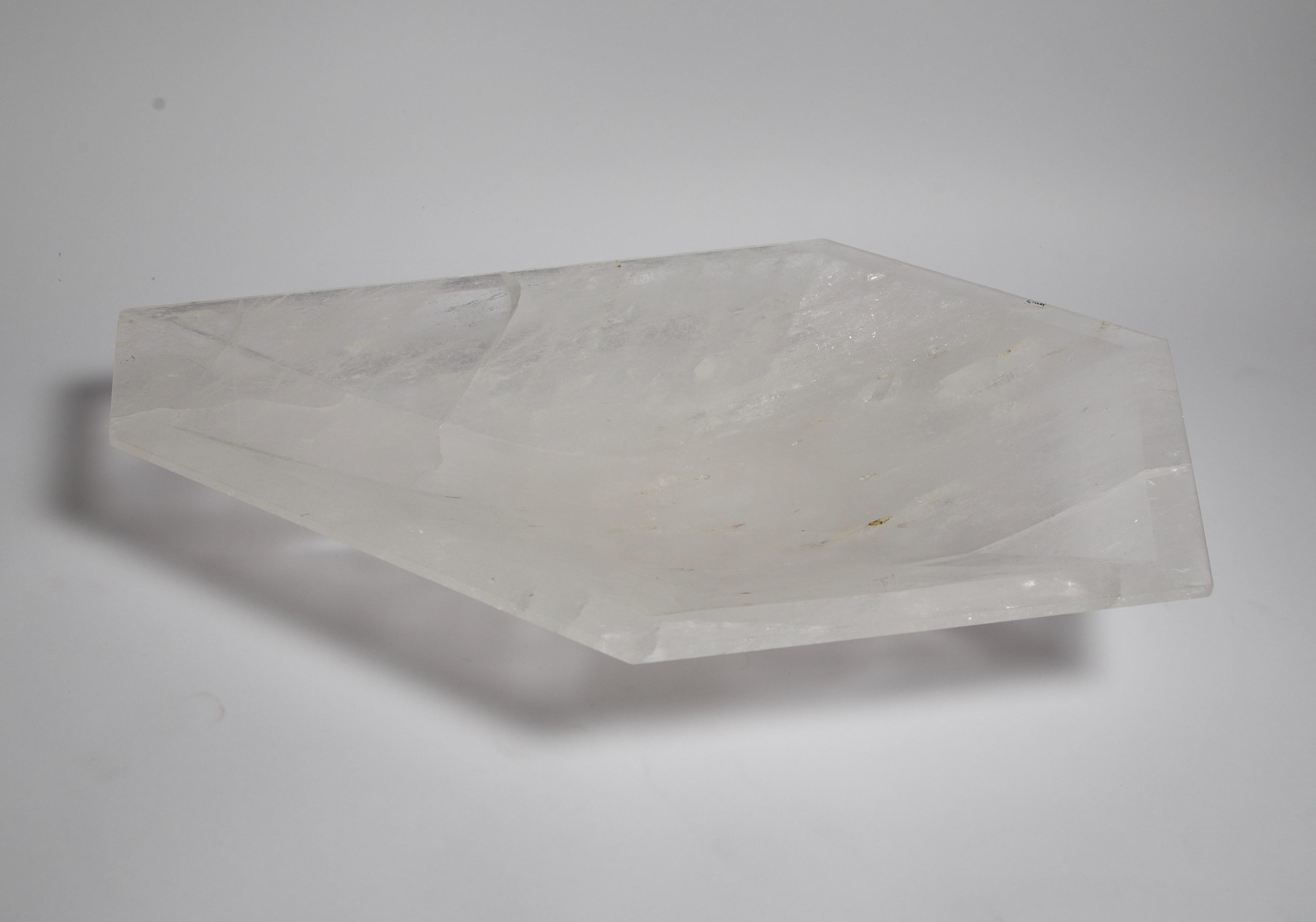 Large Abstract Geometric Solid Quartz Bowl was carved from a solid slab of the finest Quartz by master artisans. The abstract quartz bowl is a piece of art and can be lit either from above or below to show the transparency of the quartz. There are