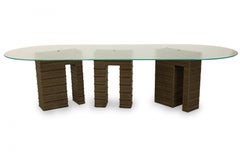 Abstract Geometric Three Metal Pedestal Seeded Glass Top Dining/Conference Table