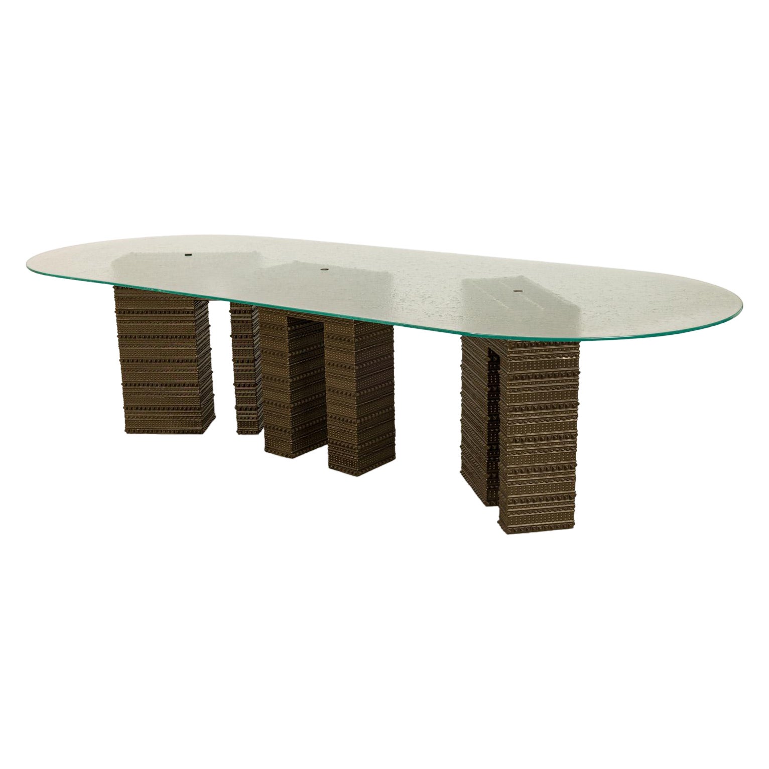 Abstract Geometric Three Metal Pedestal Seeded Glass Top Dining/Conference Table For Sale