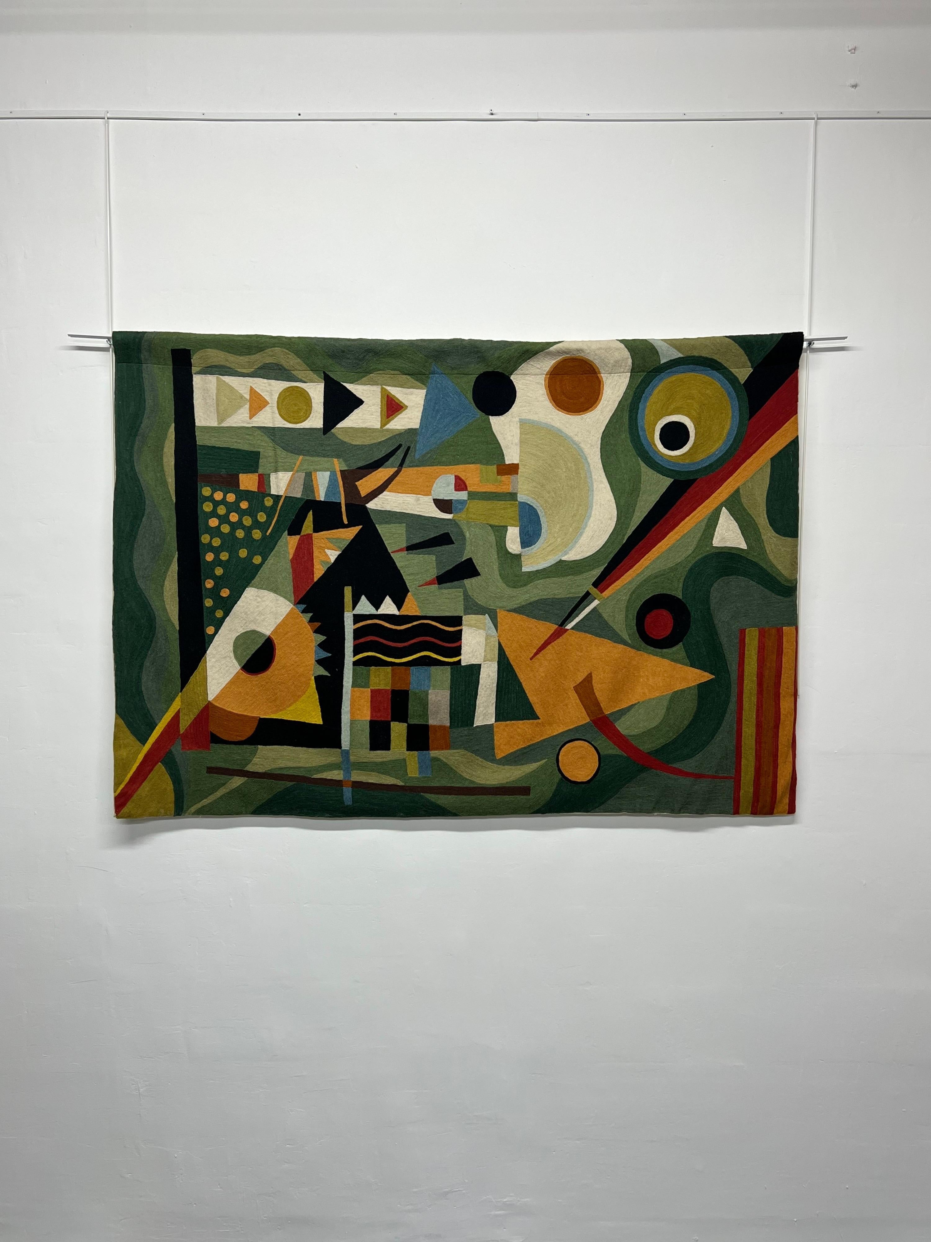 Modern, geometric wool wall tapestry or rug hand embroidered using fine wool and inspired by the artist Kandinsky. Use as a wall tapestry with your own dowel rod hardware or lay flat on the floor to use as a rug. The backing is cotton canvas and a